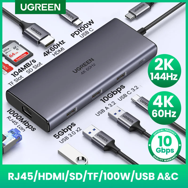 UGREEN 9‑in‑1 USB‑C Hub with 4K60Hz HDMI, 10Gbps USB Ports, Gigabit Ethernet, PD100W