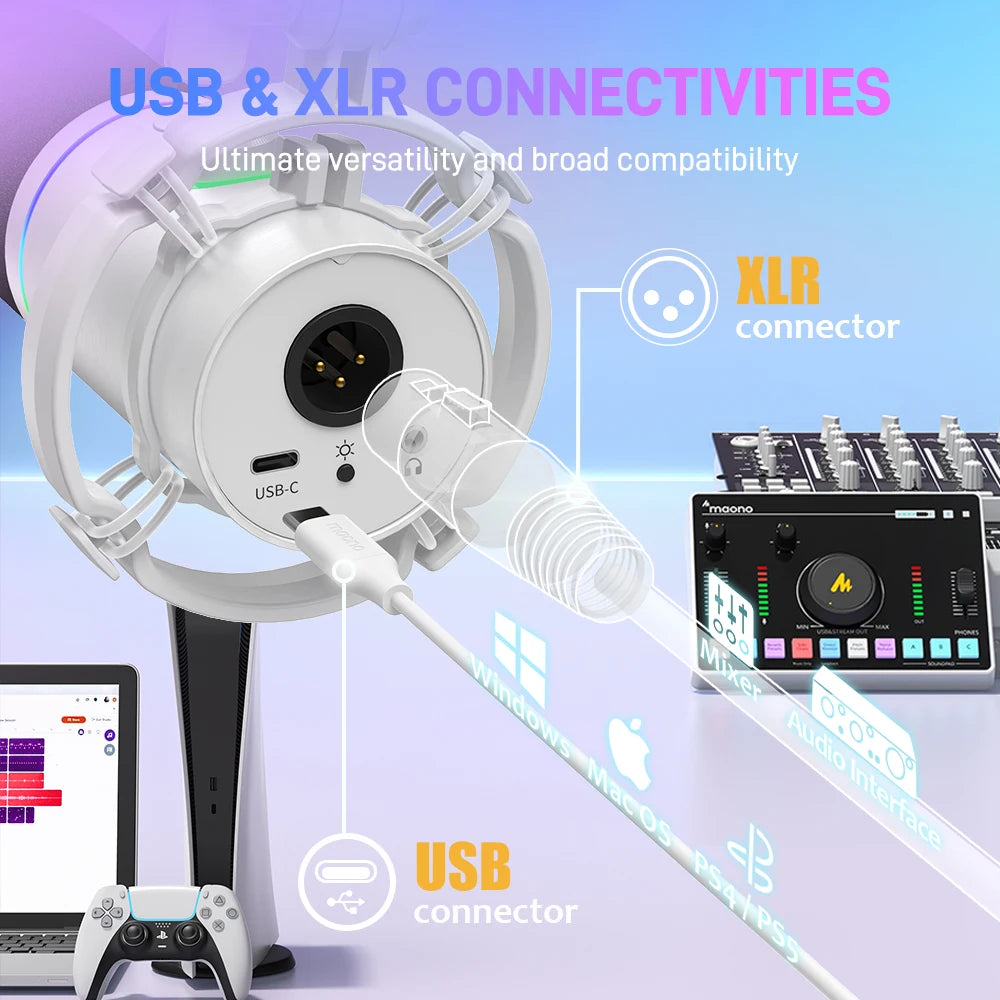 Maono PD200X – RGB Dynamic Gaming Microphone | USB/XLR Dual‑Mode Podcast Mic with Gain Control & One‑Key Mute