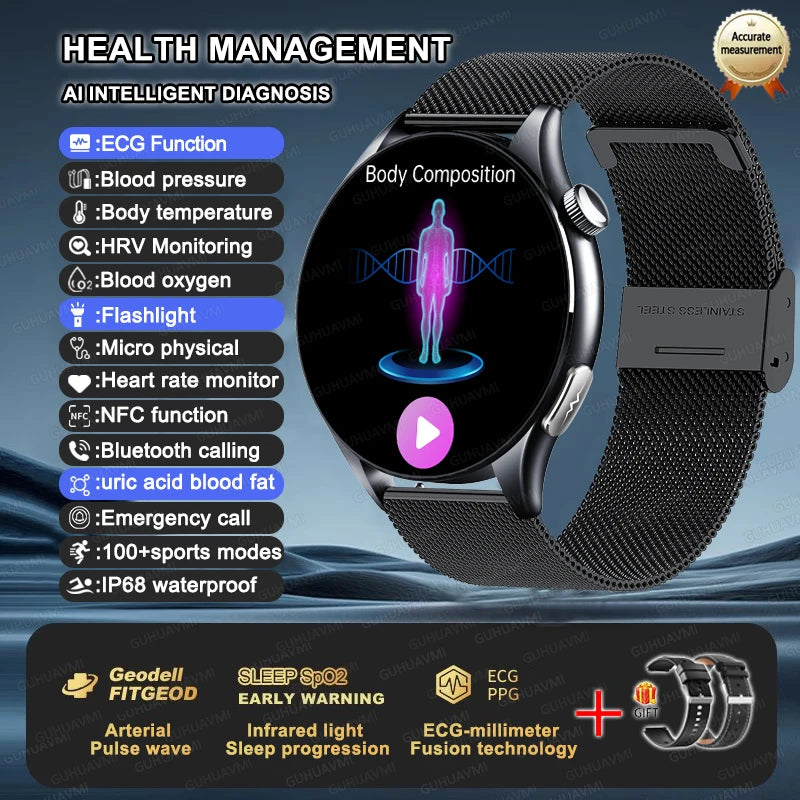 2025 New BMI Body Fat Blood Analysis Health Smartwatch NFC Bluetooth Call Smart Watch Led Flashlight Outdoor Sports Clock's Men - Limetastore
