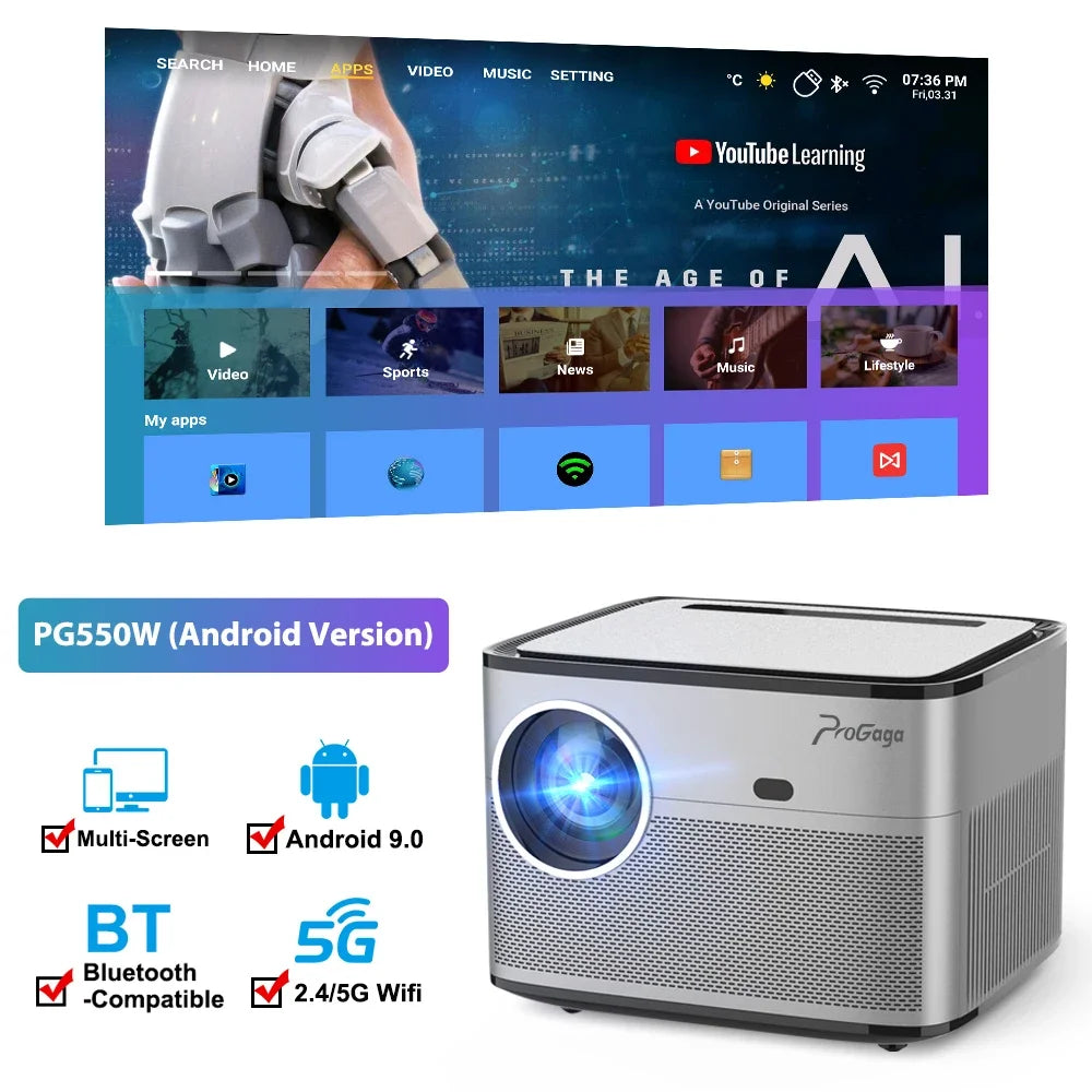 PG550W Smart Full HD Projector – Instant Auto Focus, Native 1080P, 4K Support, Android OS & WiFi Portable 3D