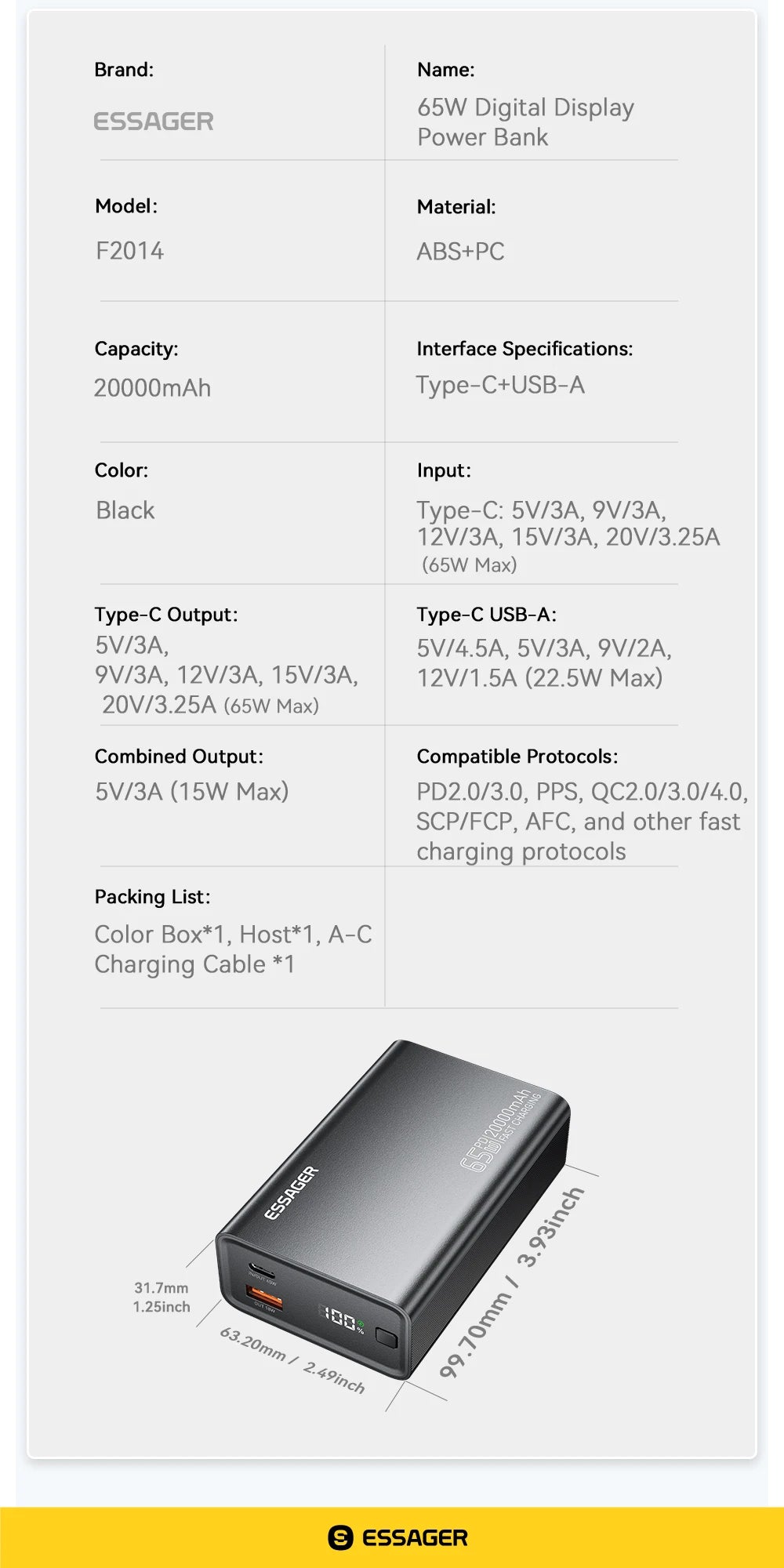 ESSAGER 20000mAh Power Bank 65W PD Fast Charging Portable