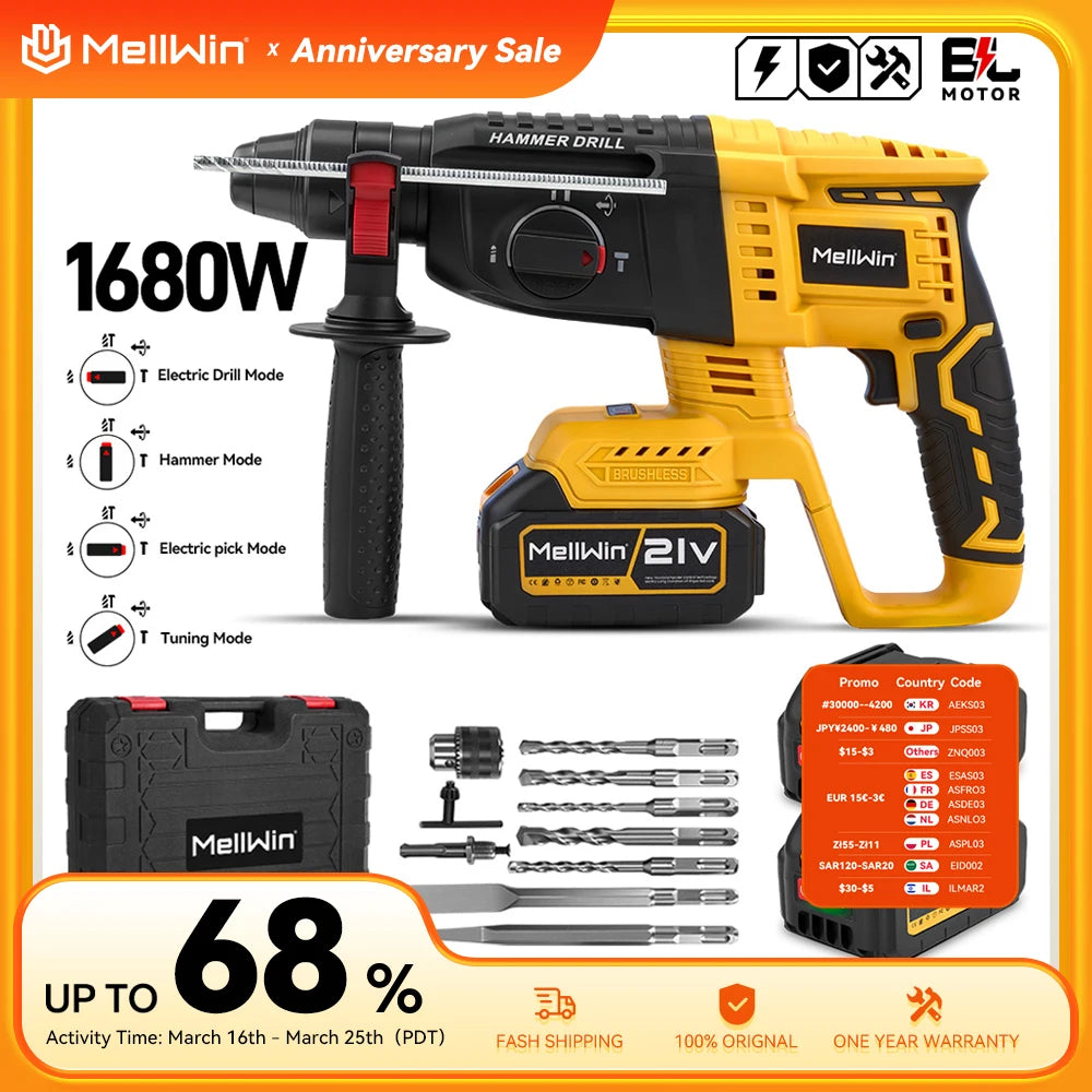 MELLWIN 3 in 1 Brushless Electric Hammer Drill Multifunction Impact Hammer for Steel Concrete Wood For Makita 18V Battery Pin - Limetastore