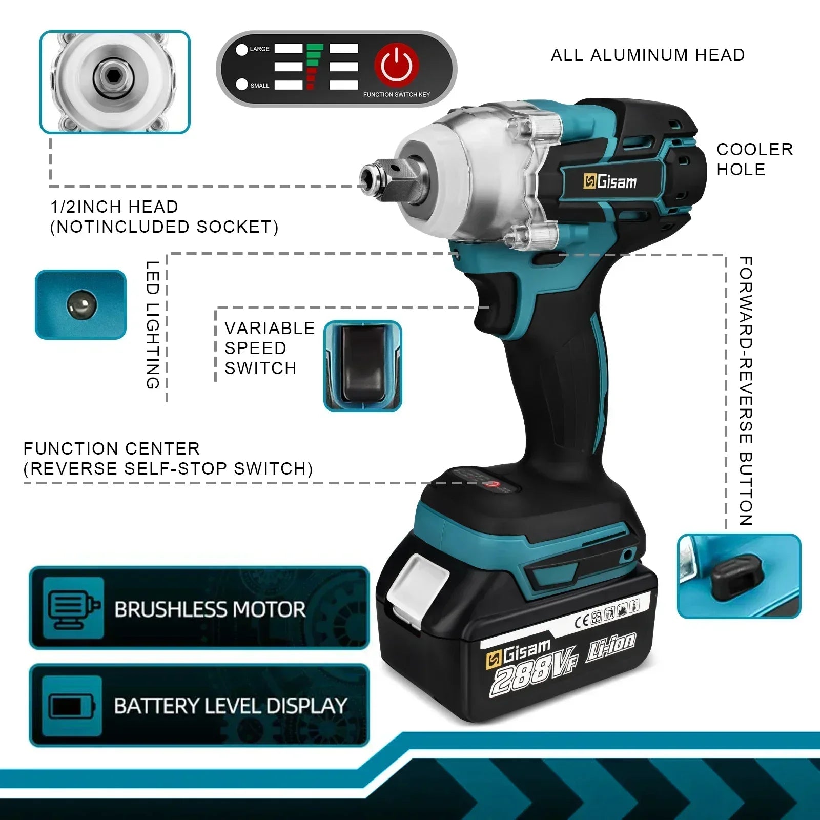 Gisam 520N.m Brushless Impact Wrench 1/2" for Makita 18V