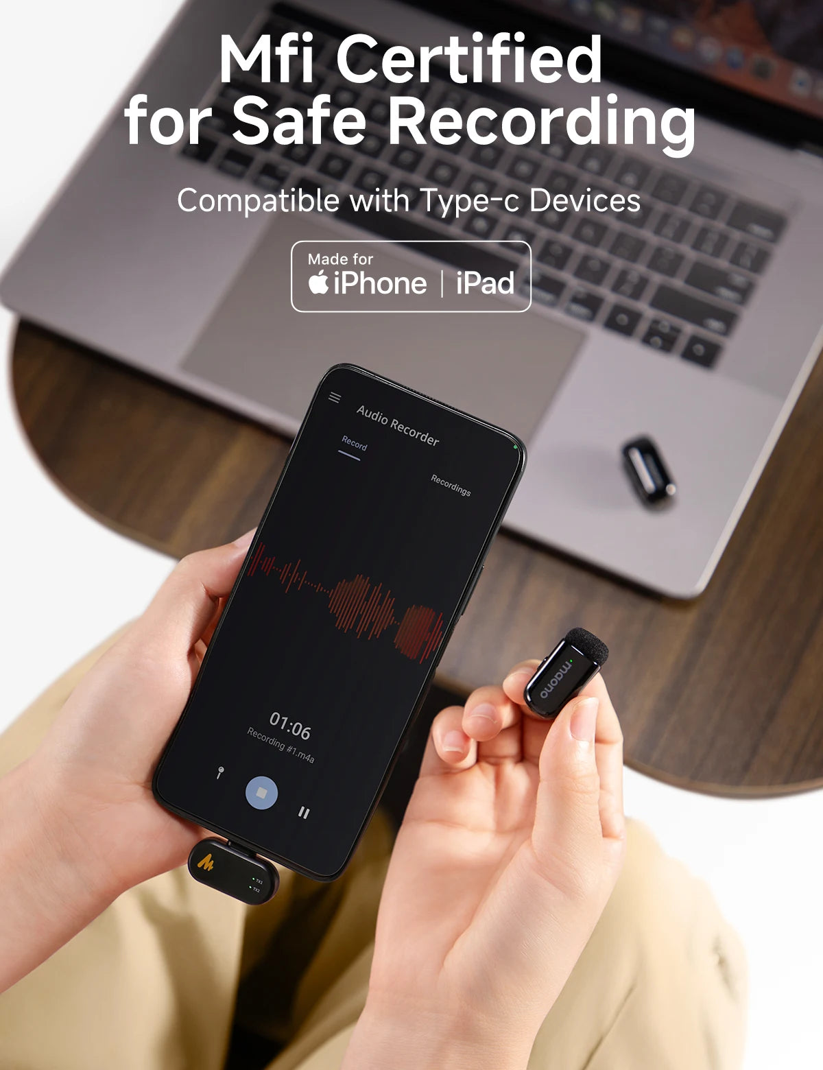 Maono T1mini – Wireless Lapel Microphone for Phones | Noise‑Cancellation, Auto‑Clipping & App Control for Professional Audio/Video Recording