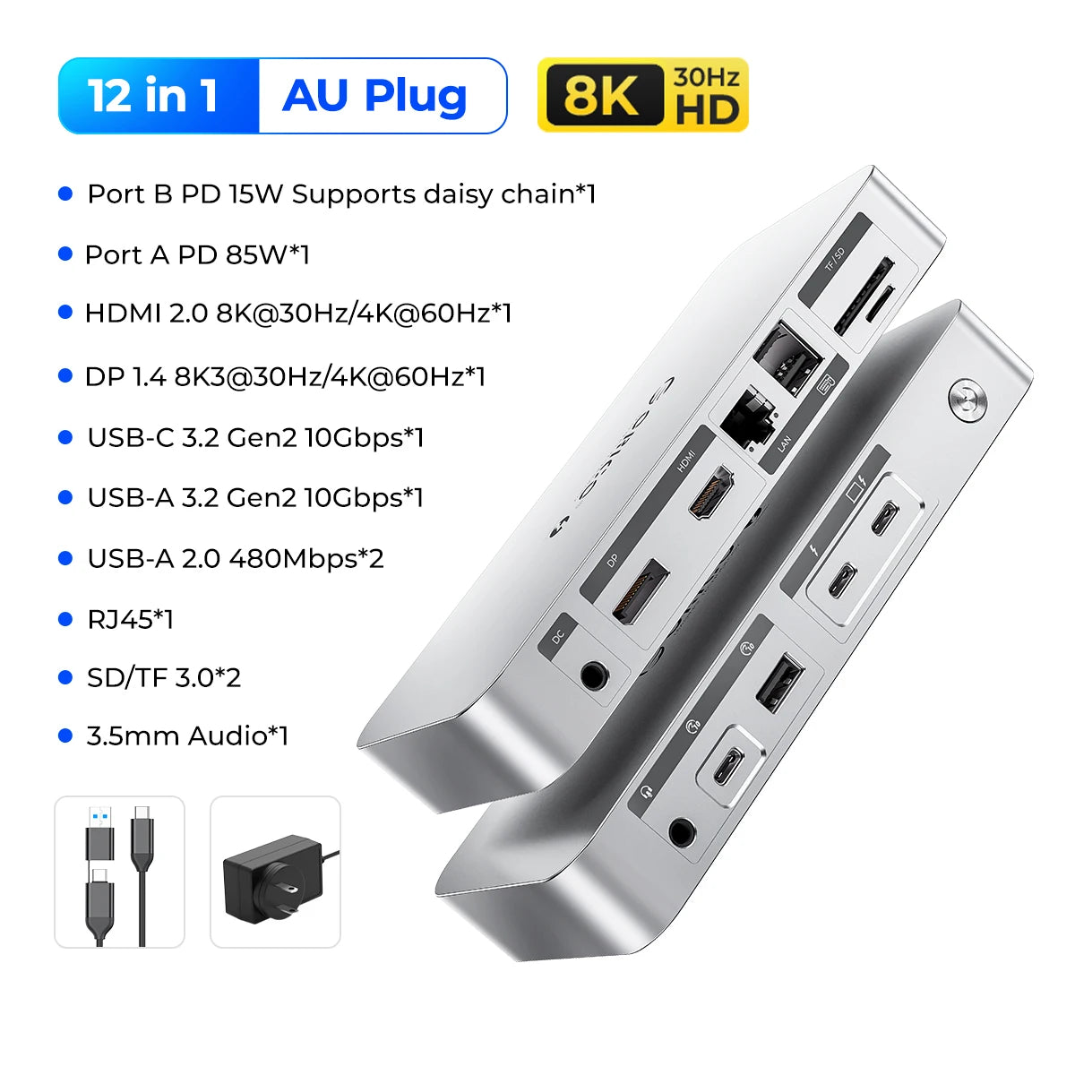 ORICO Thunderbolt 4 USB‑C Docking Station with 8K30Hz HDMI, USB 3.2 Gen2 Hub & Type‑C Splitter