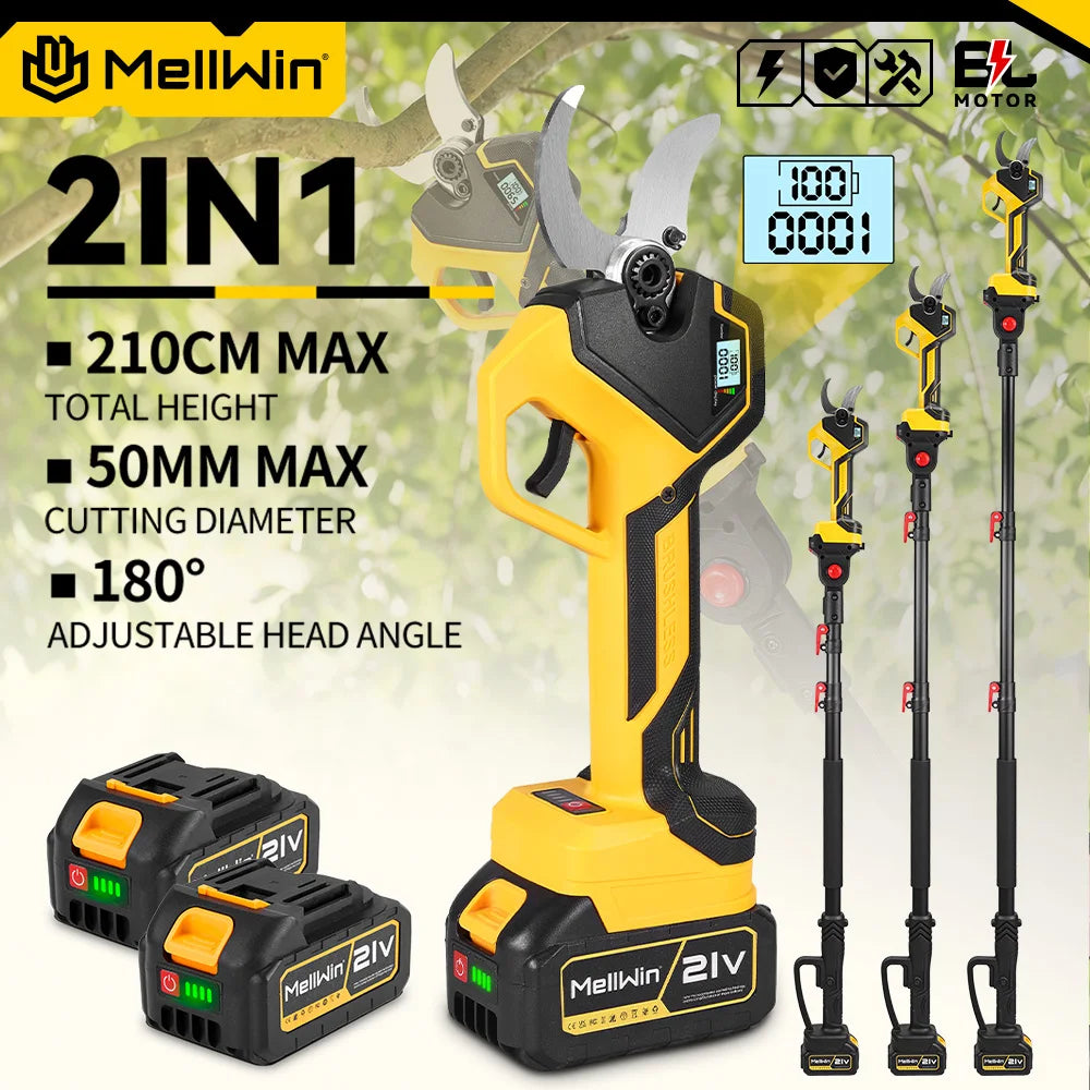 MELLWIN Brushless 50MM Electric Pruner Shear With 180CM Telescoping Pole Garden Pole Pruner Shear Tool For Makita 18VBattery Pin - Limetastore
