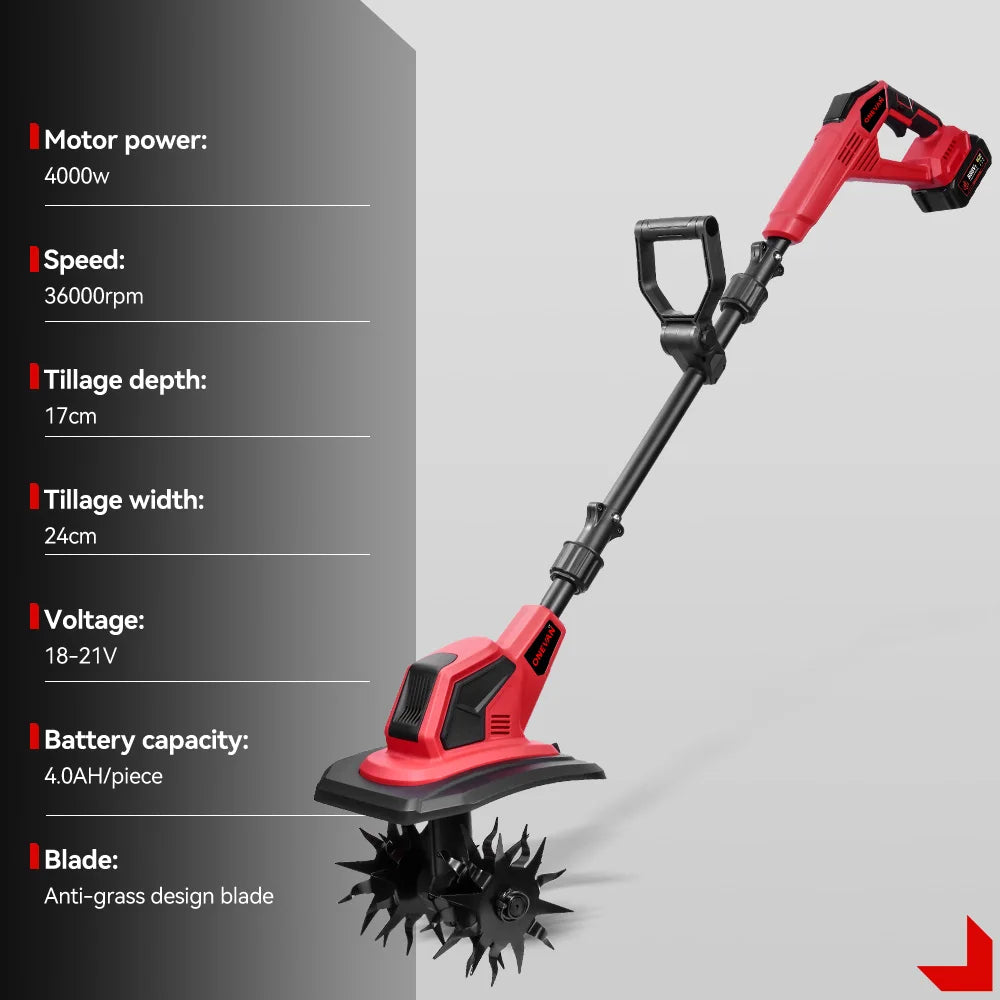 ONEVAN 4000W 36000RPM Electric Tiller Cultivator Cordless 17CM Electric Scarifier Garden Power Tool For Makita 18V Battery Pin