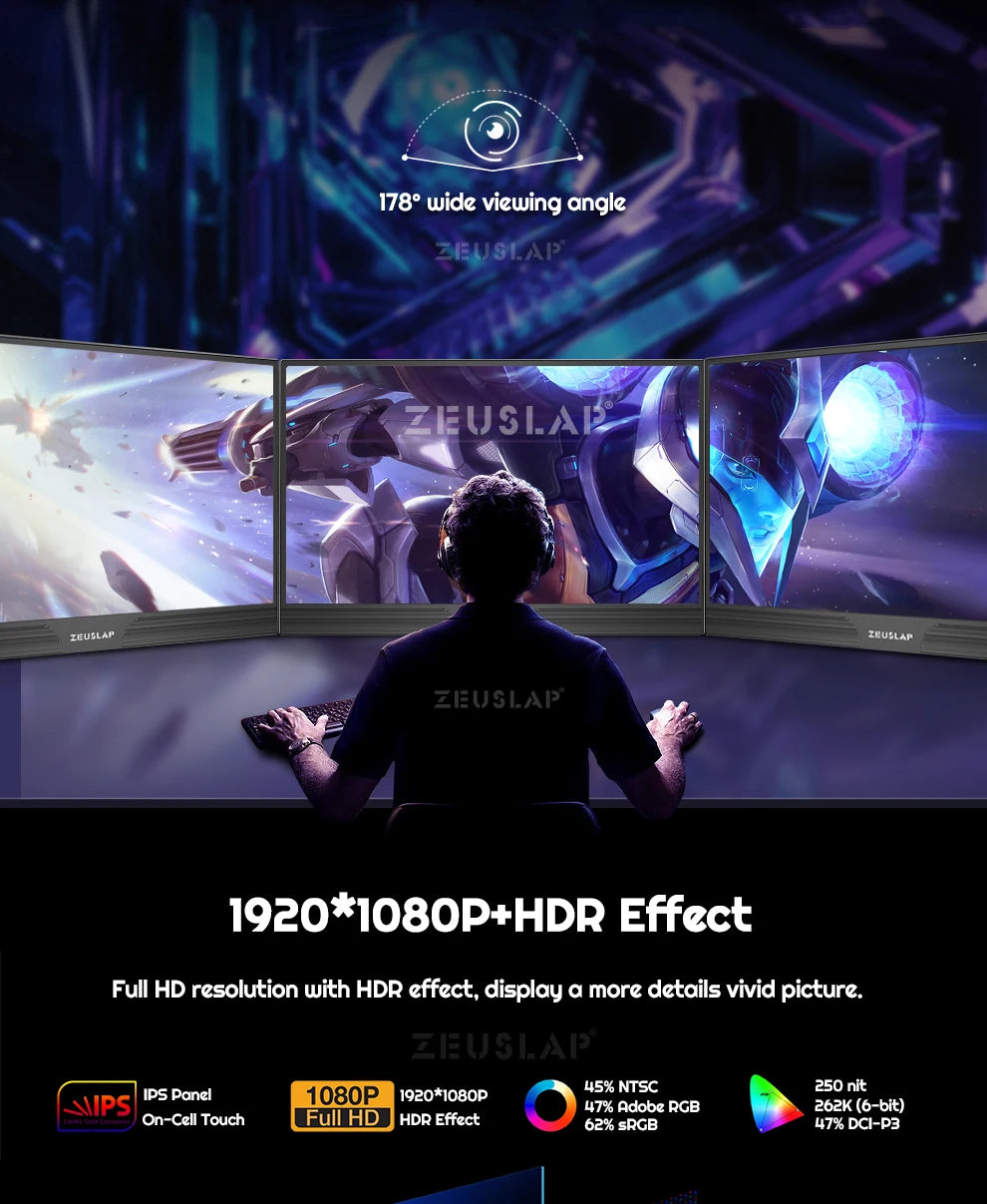 ZEUSLAP 15.6" Portable Touch Monitor | 1080P FHD IPS, USB‑C & HDMI, PS4/Switch/Xbox Compatible