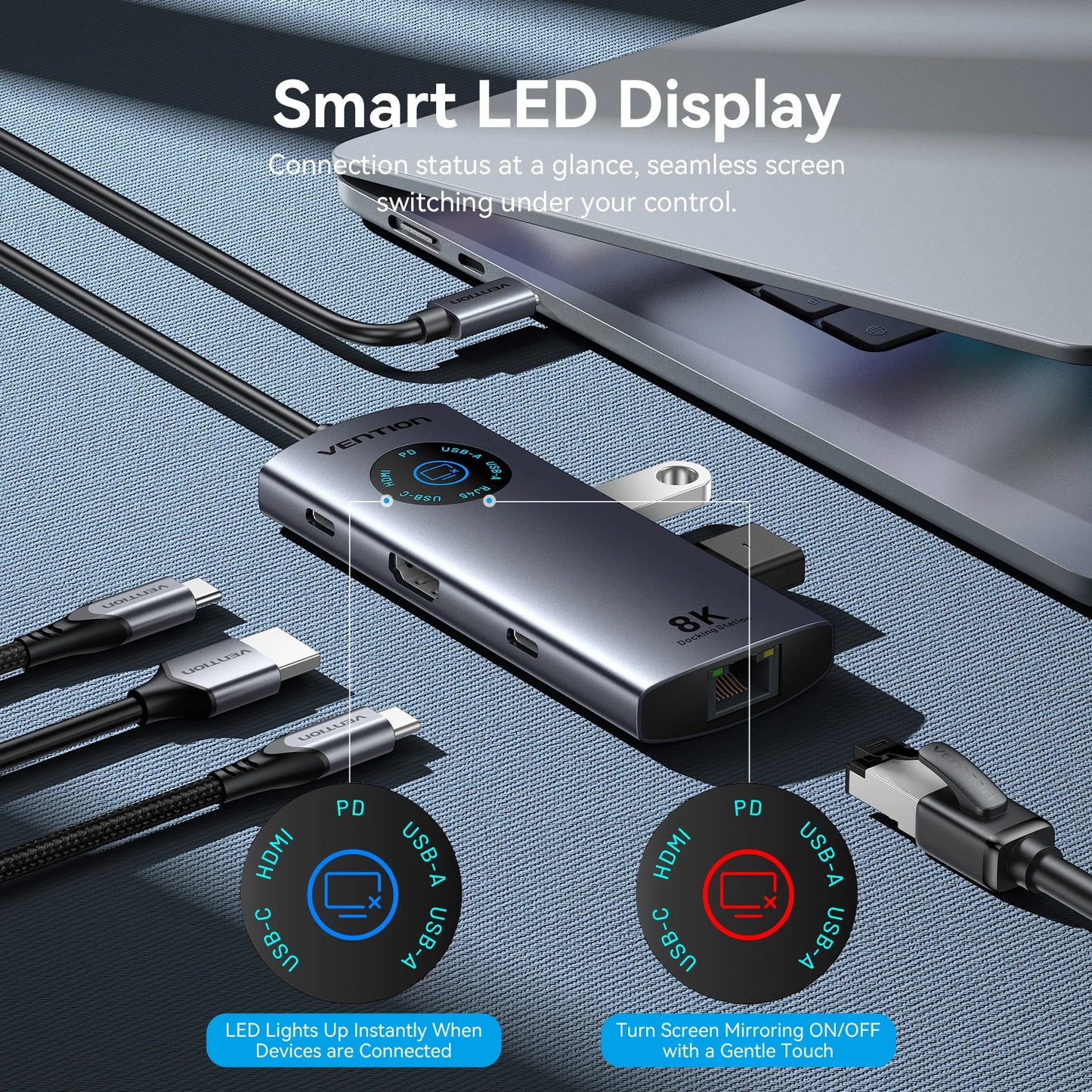 Vention USB‑C 8K/4K HDMI Hub | LED Display, USB‑A/C 3.0, 3.2 Gen1, Gigabit Ethernet Adapter