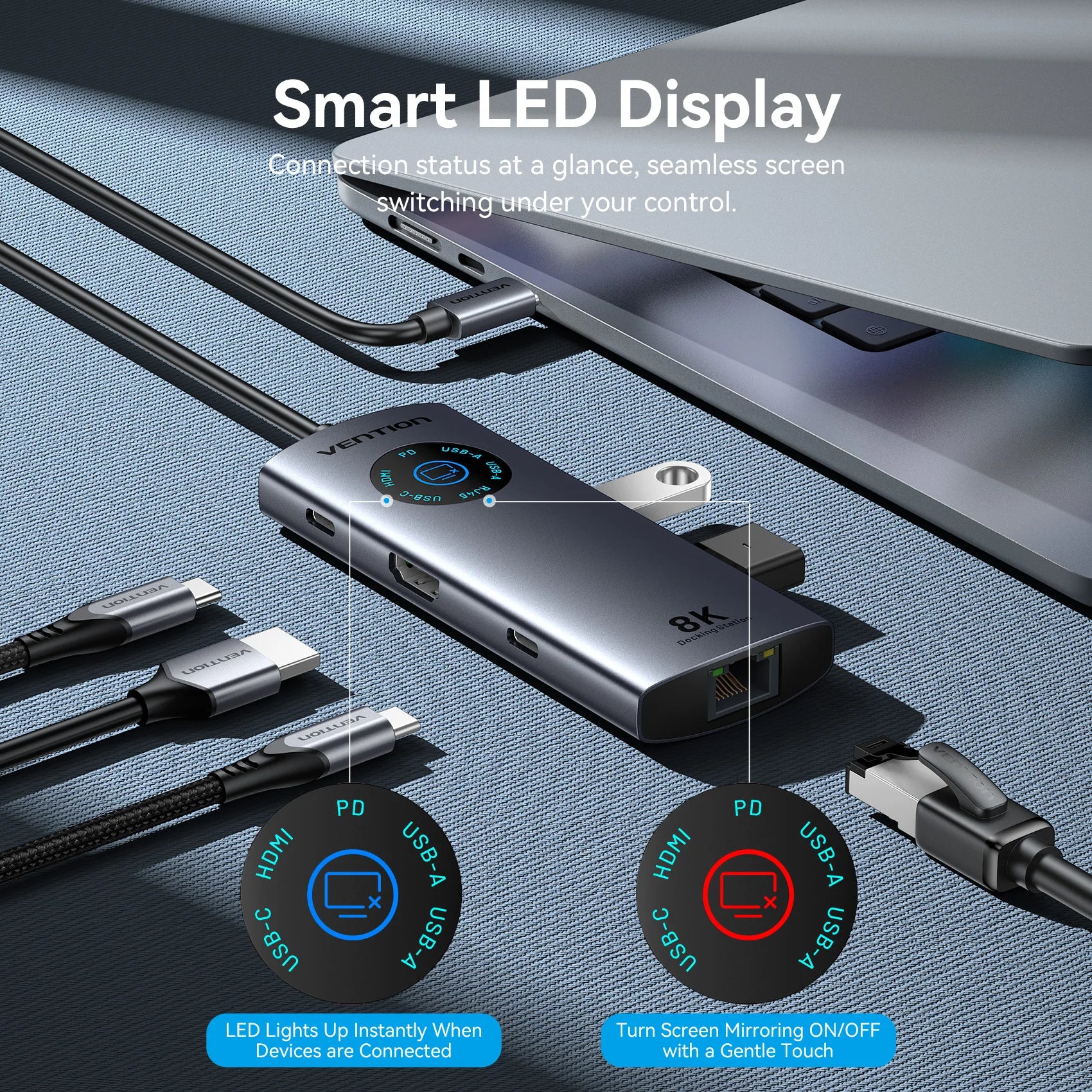 Vention USB‑C 8K/4K HDMI Hub | LED Display, USB‑A/C 3.0, 3.2 Gen1, Gigabit Ethernet Adapter