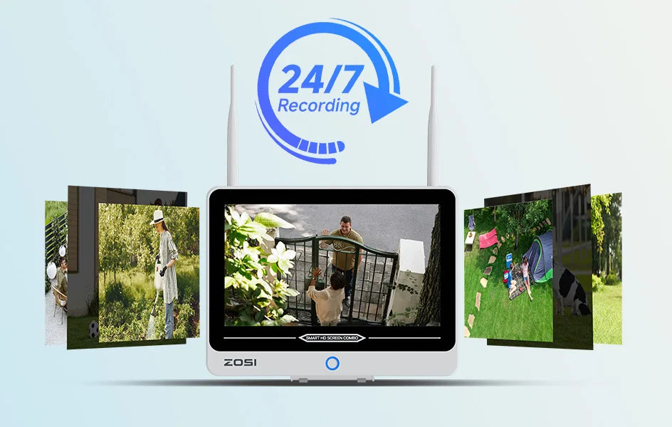 ZOSI 2K Wi‑Fi 6 8CH Security Camera System – 12'' LCD Monitor, 3MP Indoor/Outdoor Plug‑in WiFi Cameras