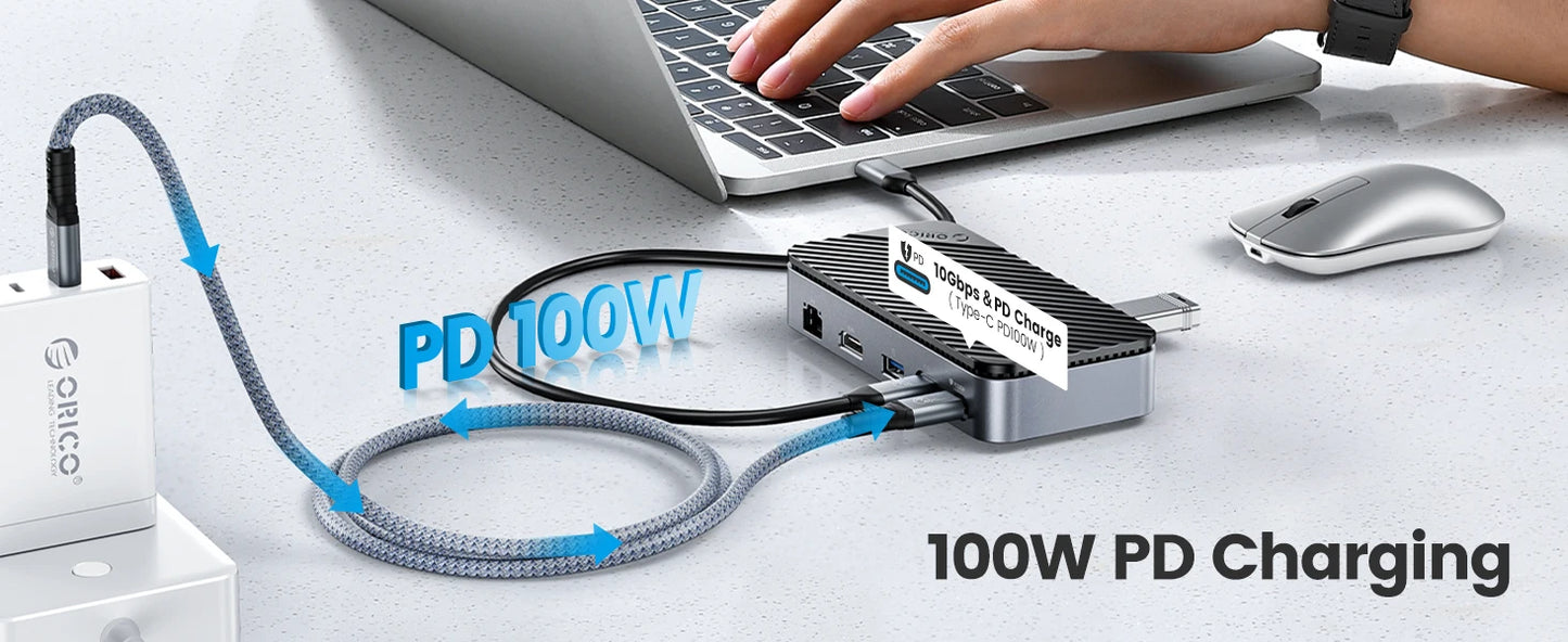 ORICO USB‑C Docking Station with M.2 NVMe/SATA SSD Enclosure (10Gbps), Cooling Fan