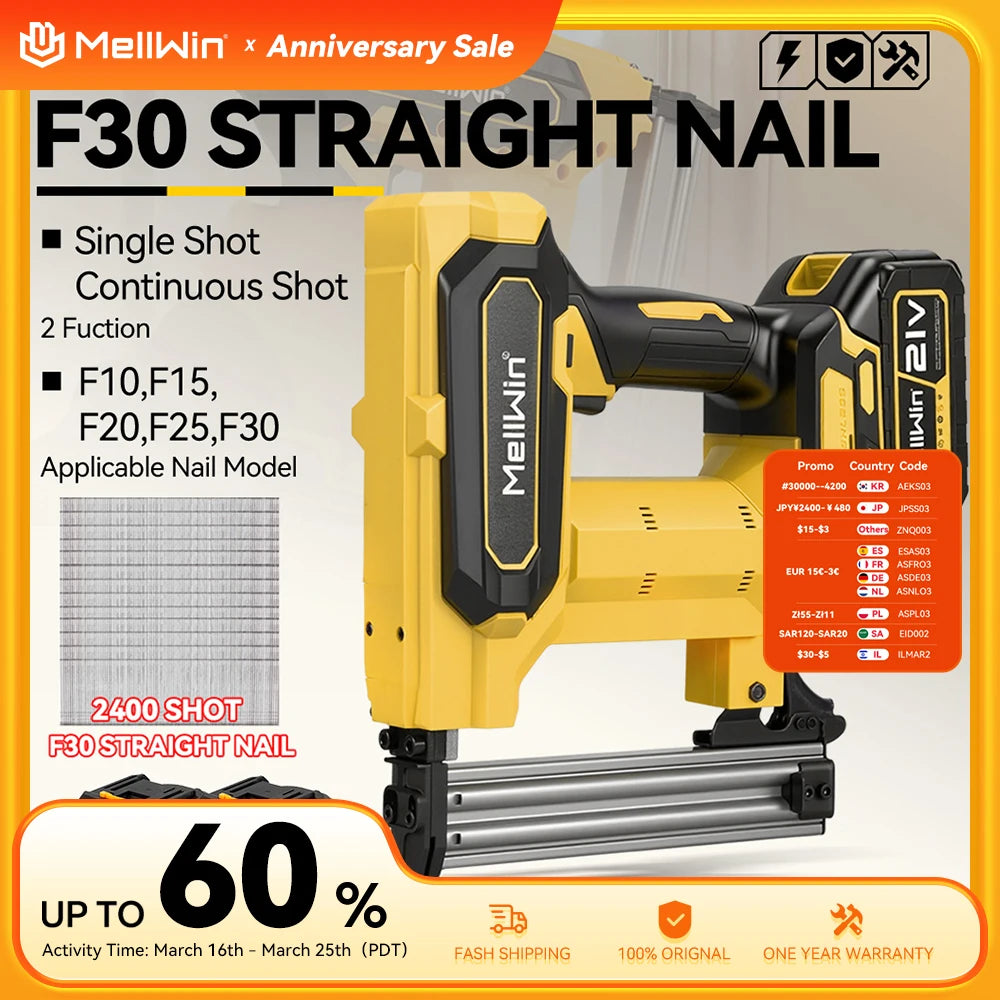 MELLWIN Cordless Electric Nail Gun 2 Mode Wireless Stapler Woodworking Framing Staple Gun Tools F30 For Makita 18V Battery Pin - Limetastore