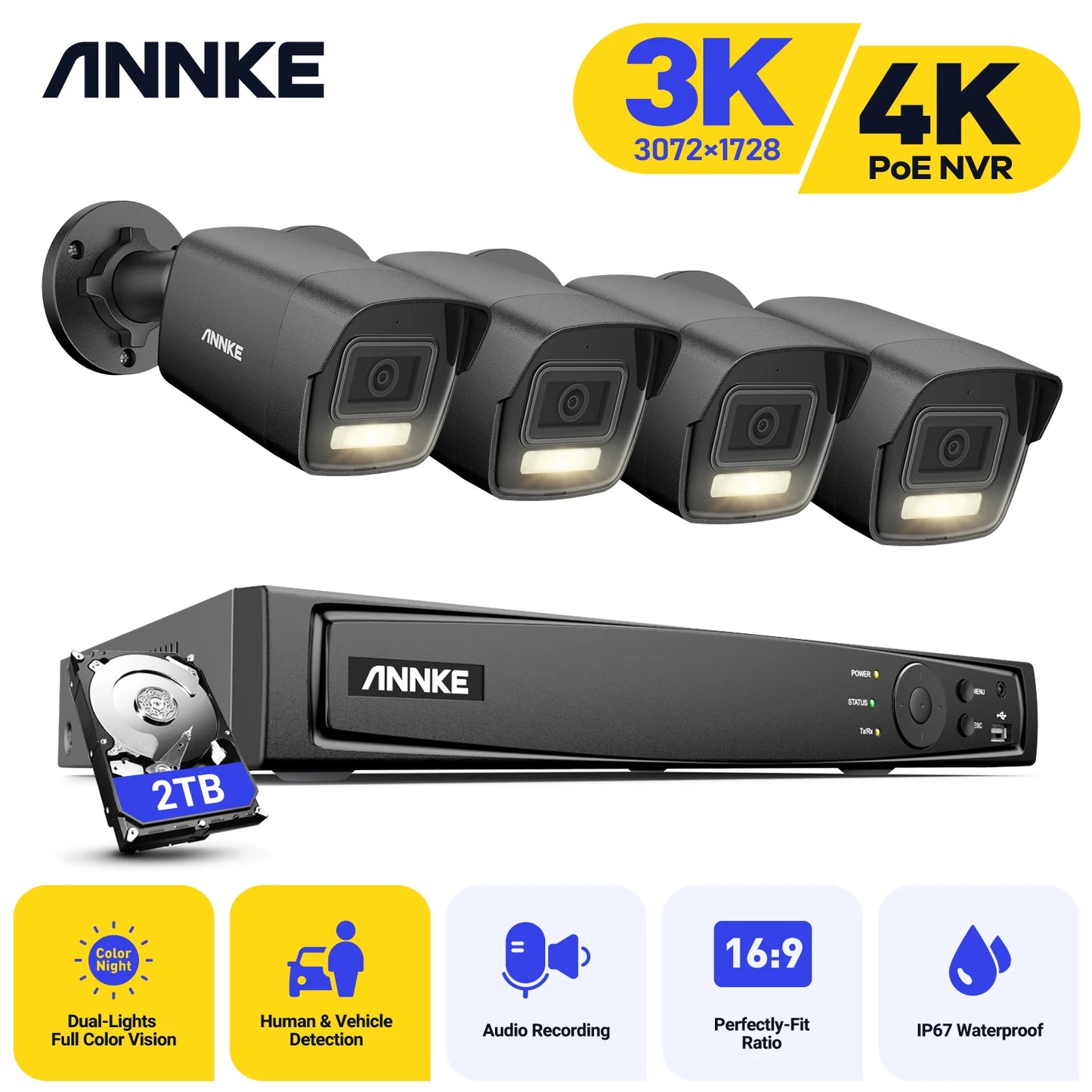 ANNKE 4K Dual‑Light PoE CCTV System | 8CH H.265+, 2.8mm Lens, Human & Vehicle Detection