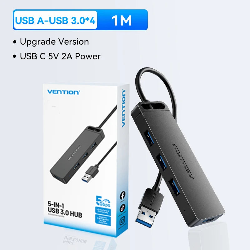 Vention USB 3.0 Hub 4‑Port | 5Gbps High‑Speed Multiport Splitter for Laptop & Desktop