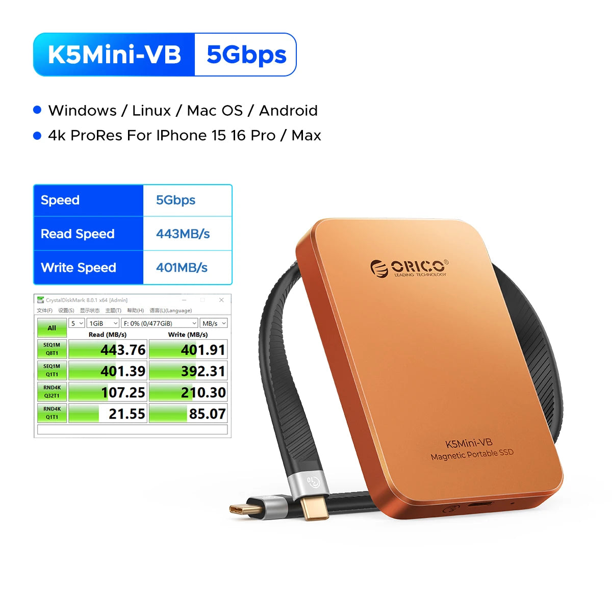ORICO K5MINI‑VB 480GB Portable SSD – 460MB/s USB 3.2 External Solid State Drive