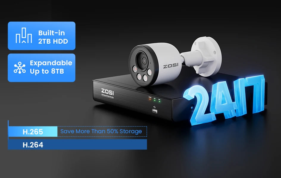 ZOSI 4K PoE NVR Security Camera System 8MP Weatherproof Wired PoE Cameras H.265+ 4K/8MP 8CH CCTV NVR for Home 24/7 Surveillance