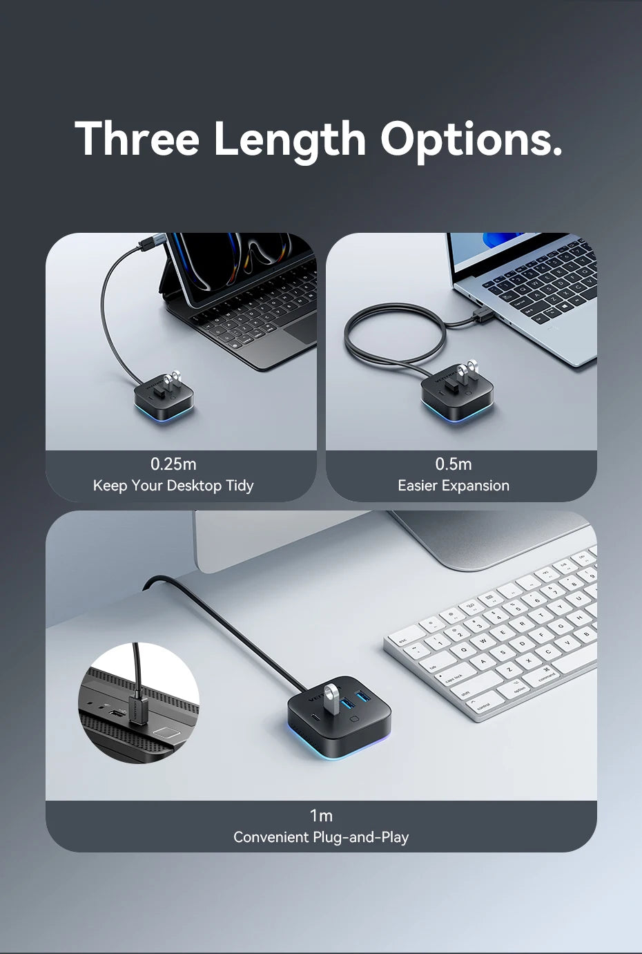 Vention USB 3.0 / USB‑C 3.2 Gen1 RGB Hub | 4‑Port 5Gbps Desktop Splitter for PC & Laptop