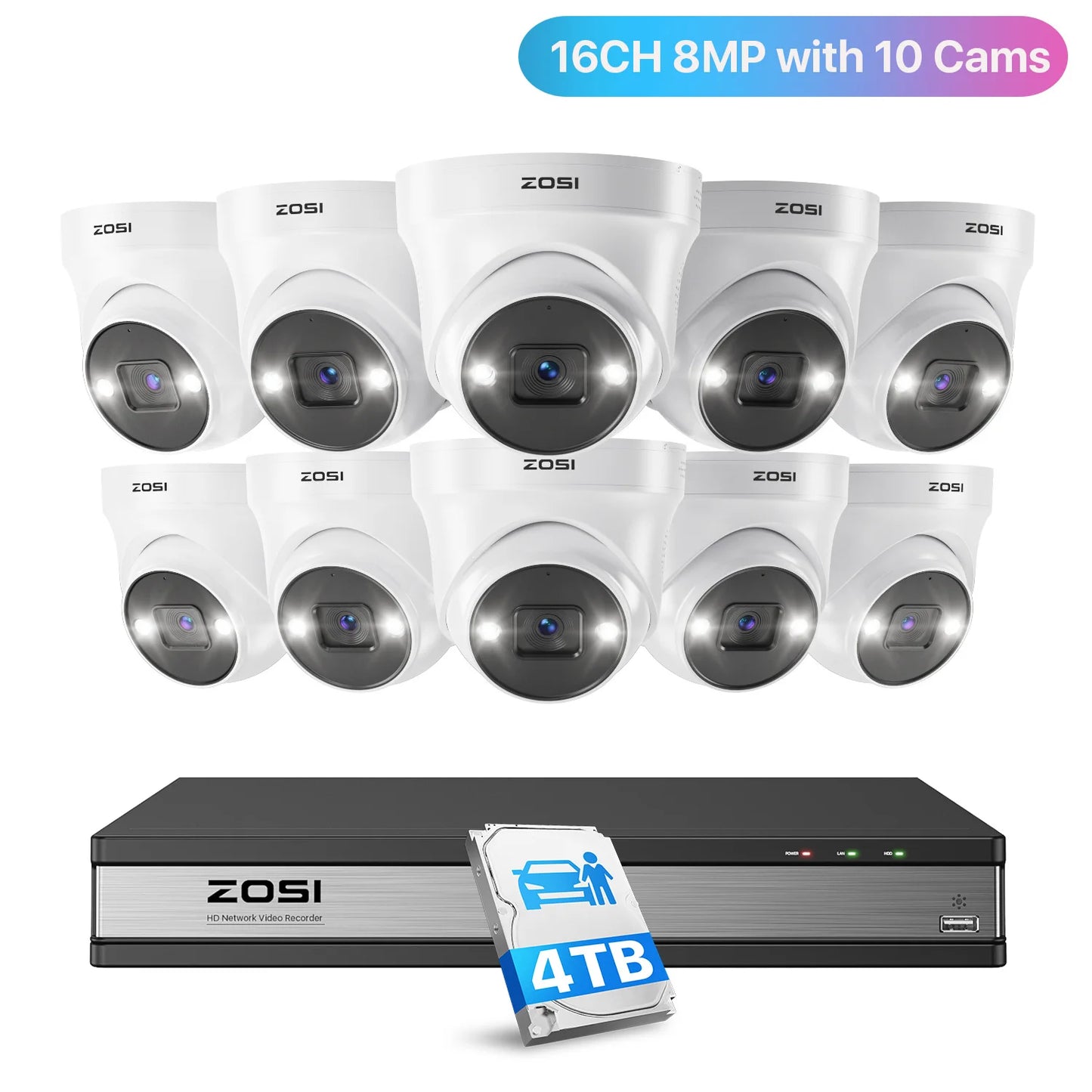 ZOSI 16CH 4K PoE Security Camera System – 8MP AI Detection IP Cameras | Waterproof 5MP/8MP