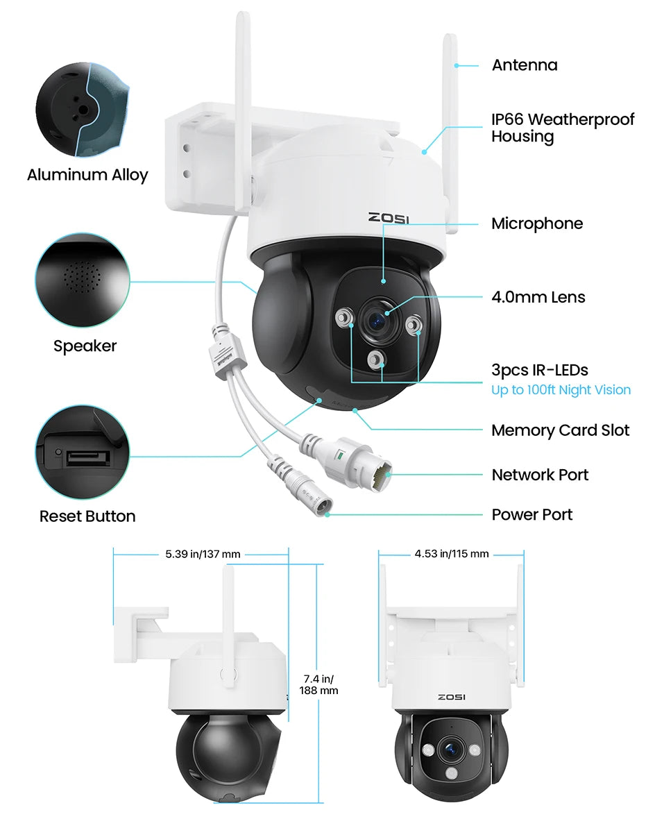 ZOSI C290 4K 8MP/4MP/2MP Outdoor PTZ WiFi Security Camera – Auto Person Tracking, 2‑Way Audio