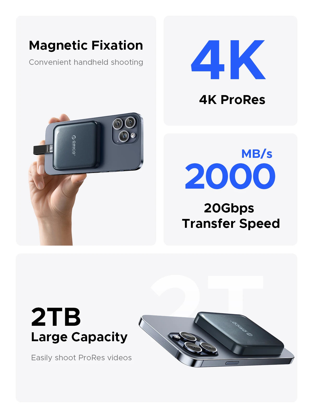 ORICO Magnetic Portable SSD USB3.2 20Gbps Supports 4K ProRes Video Recording for iPhone 15 Pro Series External Solid State Drive