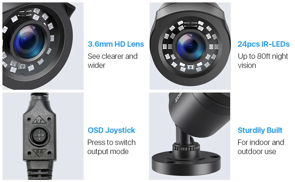ZOSI 1080p 4‑in‑1 Security Camera – 2MP Outdoor Waterproof CCTV with 3.6mm Lens, 24 IR LEDs & 80ft Night Vision