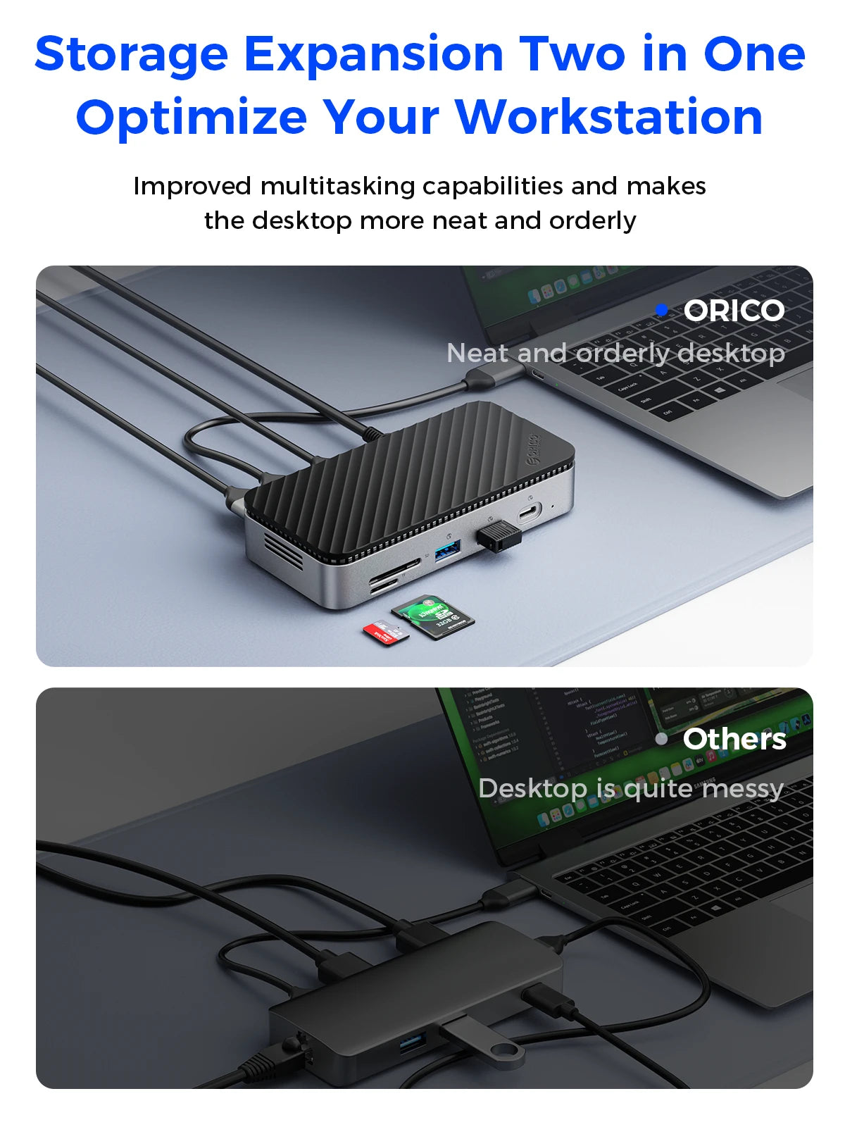 ORICO 10Gbps USB‑C Display Hub with M.2 NVMe/SATA SSD Enclosure, Cooling Fan, 4K60Hz HDMI