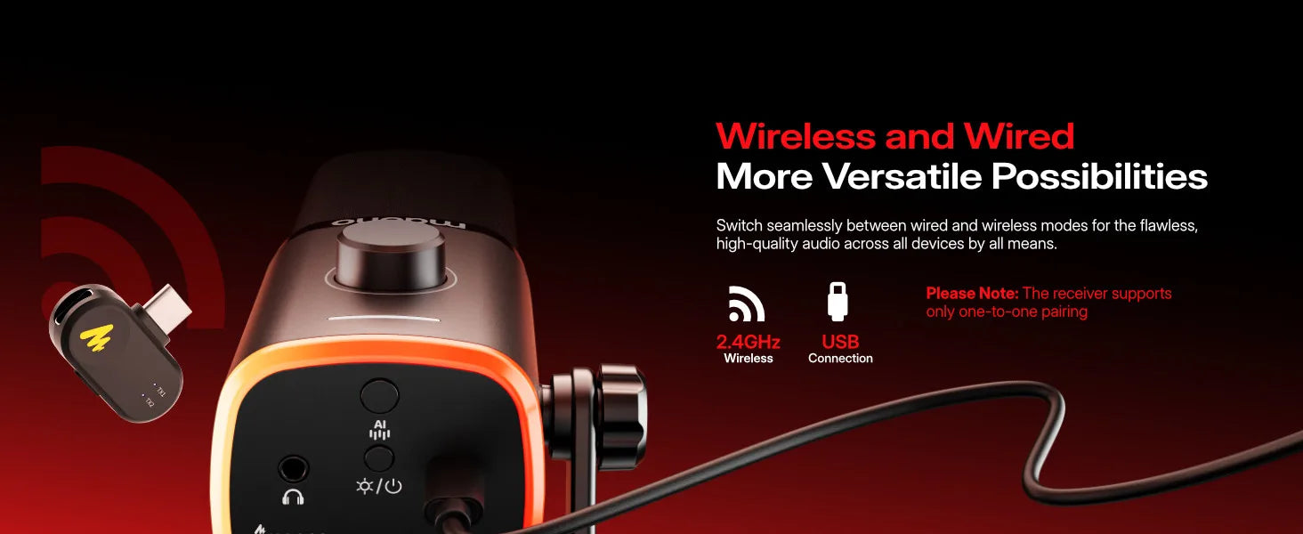Maono PD100W – Wireless Dynamic Microphone | 50 m Range, One‑Touch Noise Reduction & RGB Lighting for Gaming, Streaming & Live Recording