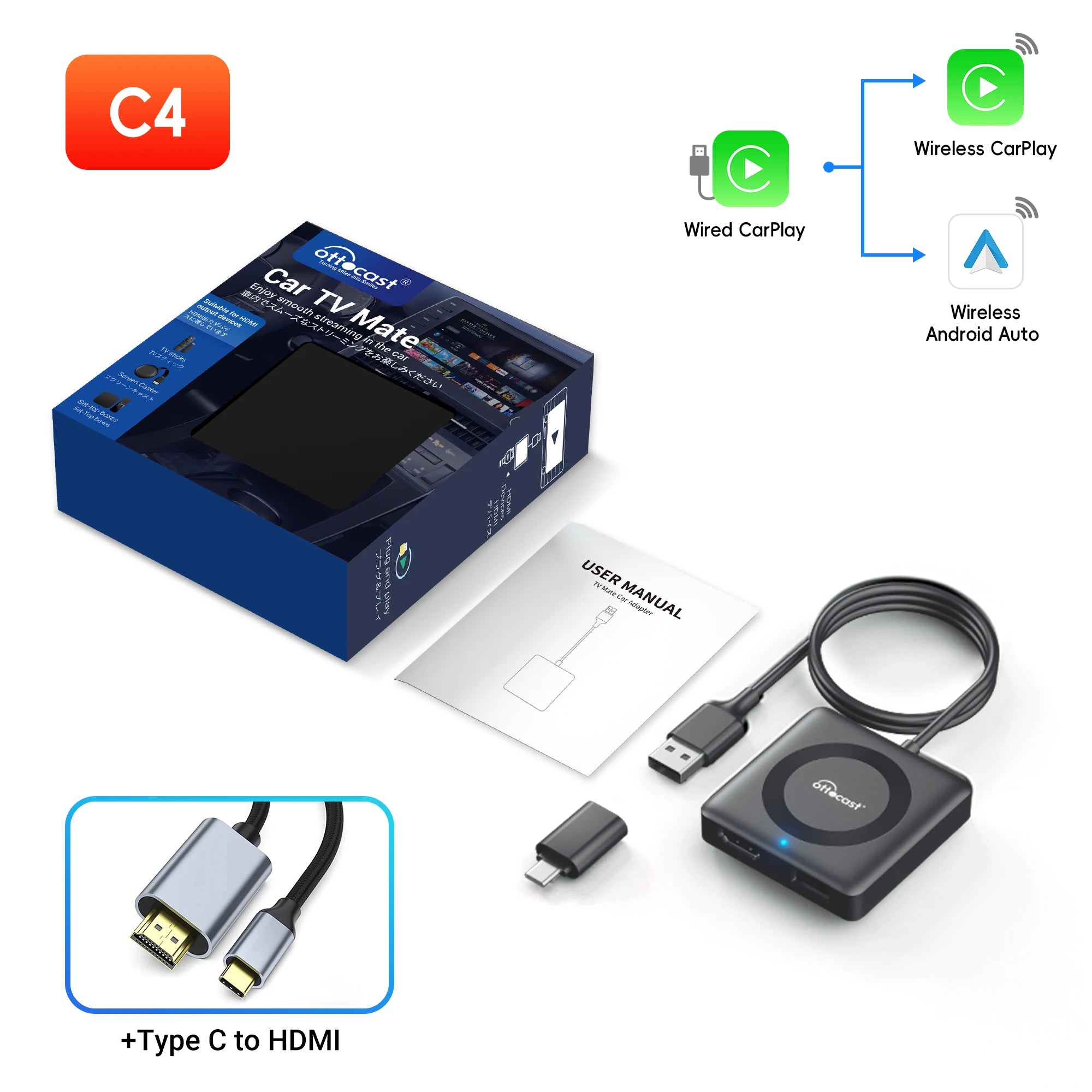 OTTOCAST Car TV Mate Max C4 Wireless CarPlay HDMI Adapter