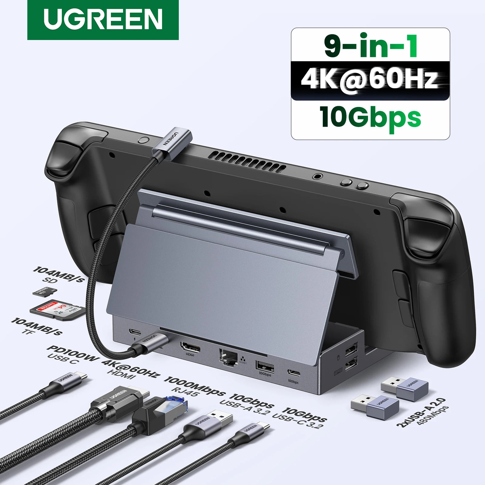 UGREEN 9‑Port Steam Deck Dock with 4K60Hz HDMI, RJ45 Ethernet, PD100W, USB‑A/C