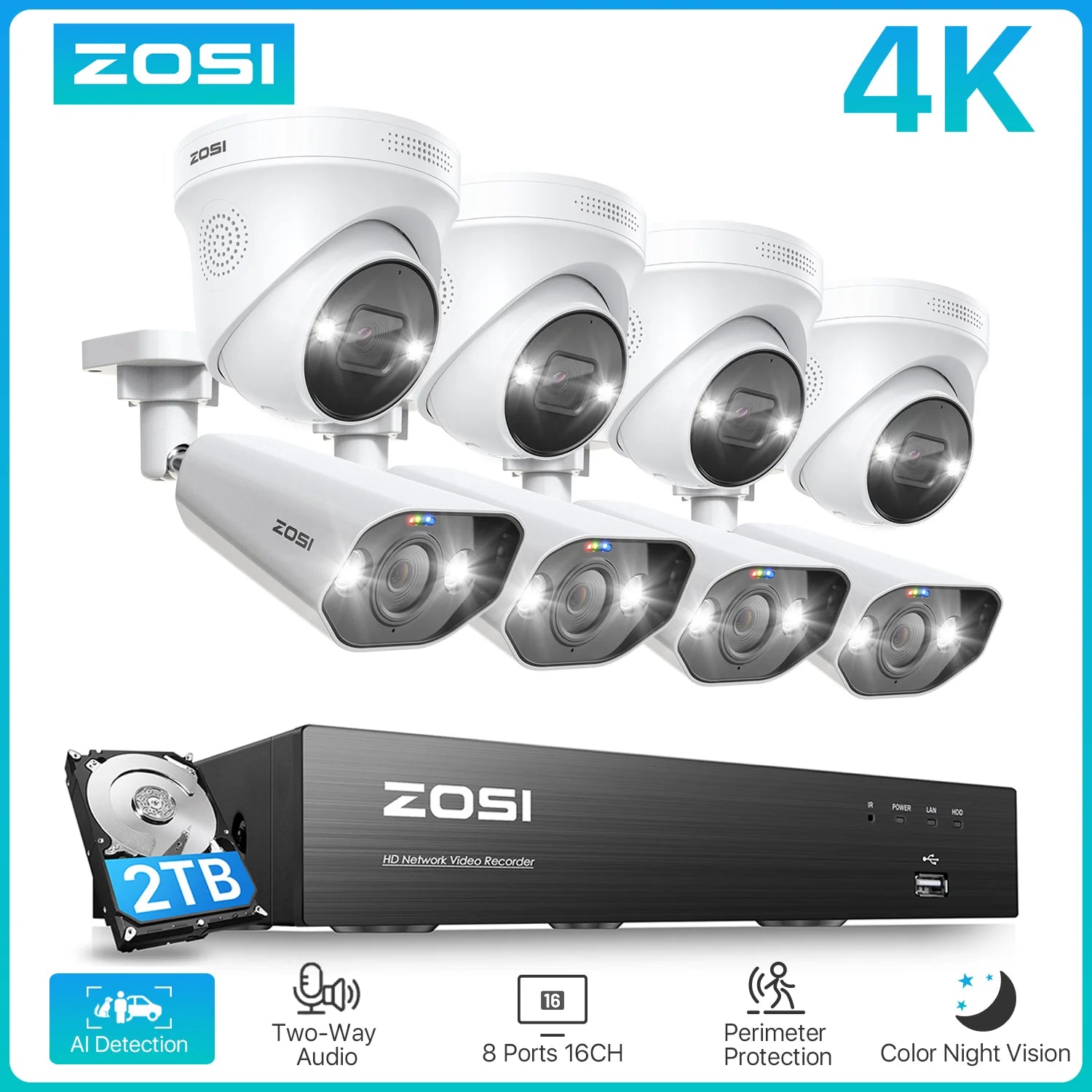 ZOSI 4K 8MP PoE Security Camera System – AI Human/Vehicle Detection