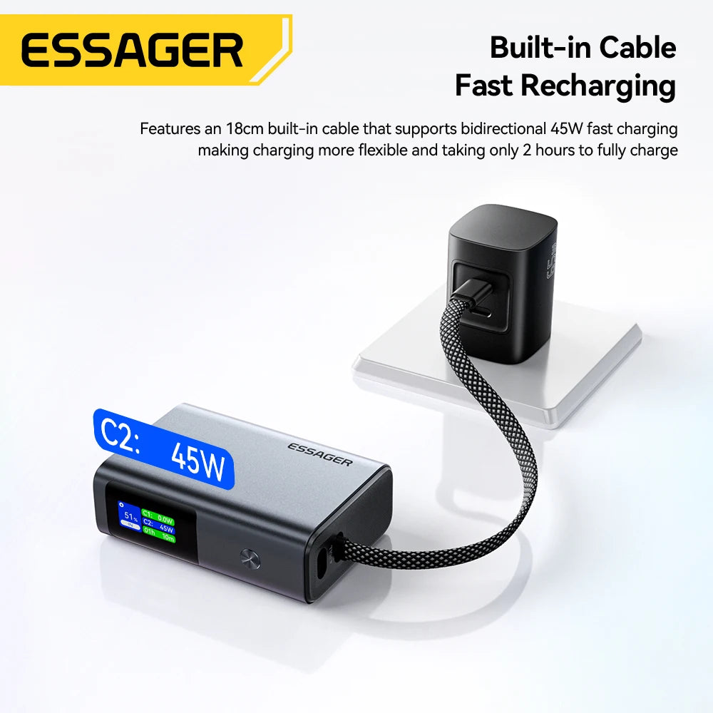 ESSAGER 45W Power Bank 10000mAh with Built-in USB-C Cable