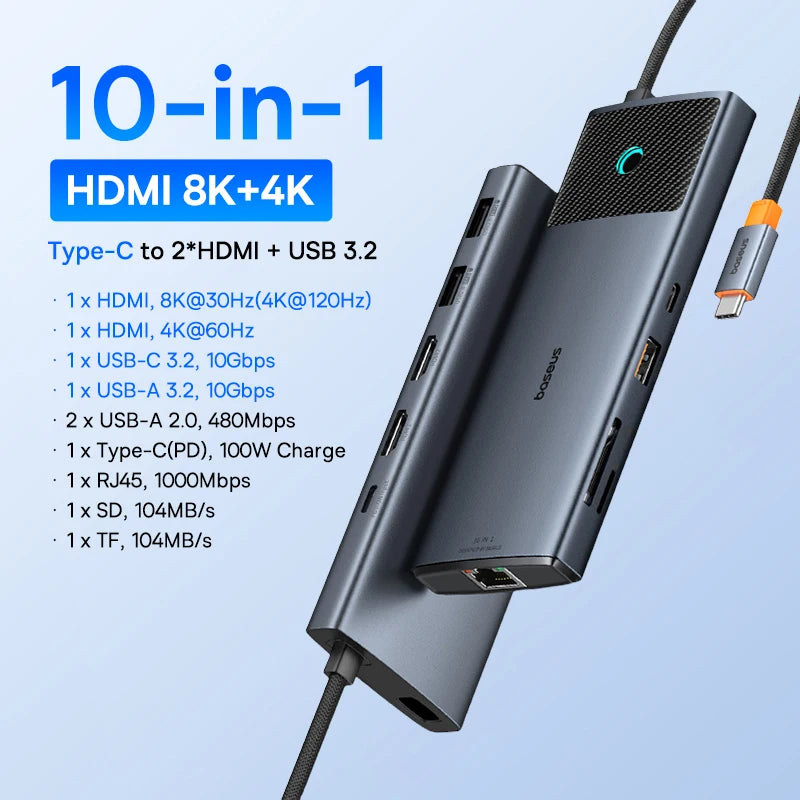 Baseus 10‑in‑1 USB‑C Hub | Dual HDMI 8K + 4K, USB 3.2 10Gbps, RJ45, SD/TF, PD 100W