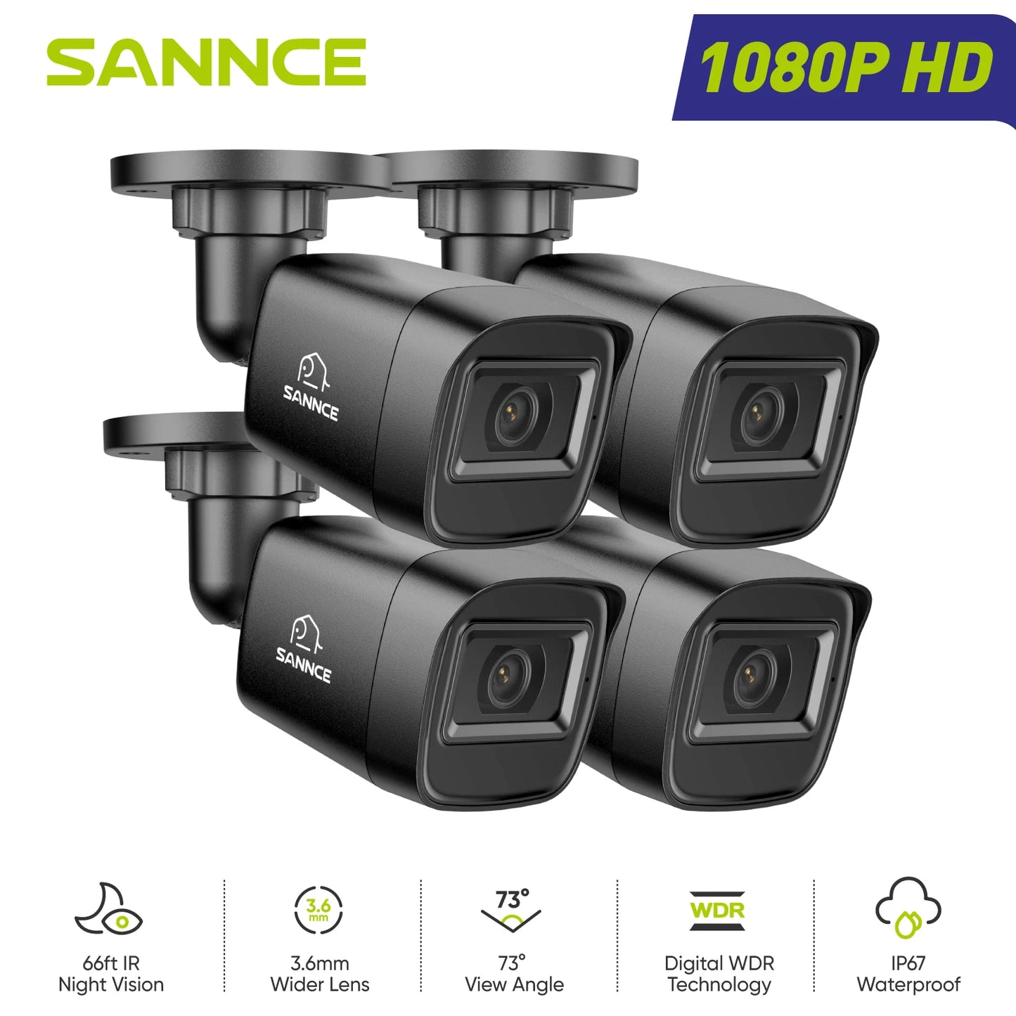 SANNCE 1080P 2MP CCTV Camera | IR‑Cut Night Vision, Audio Recording, Waterproof Housing (White)