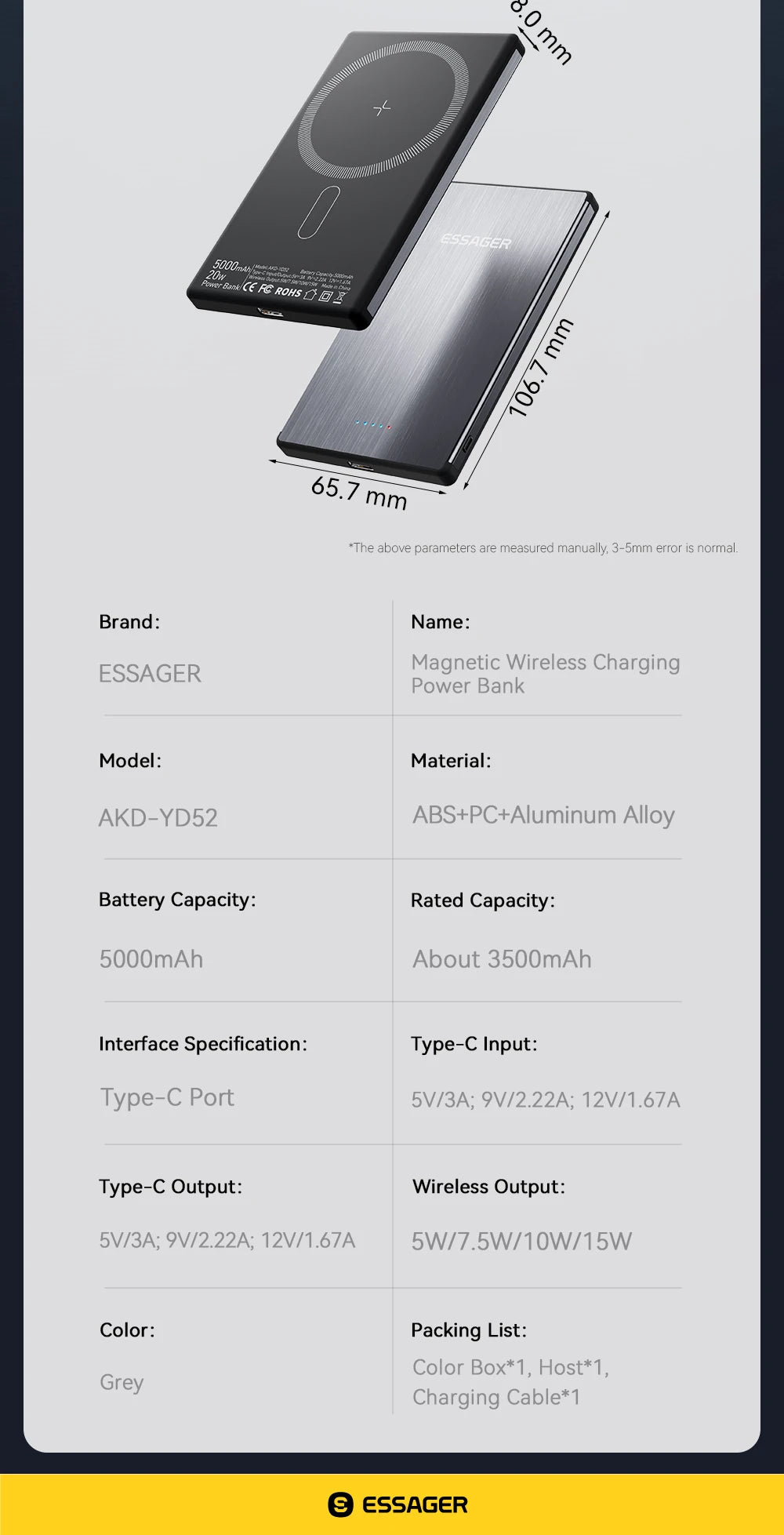 ESSAGER 20W Magnetic Wireless Charging Bank 5000mAh Thin MagSafe