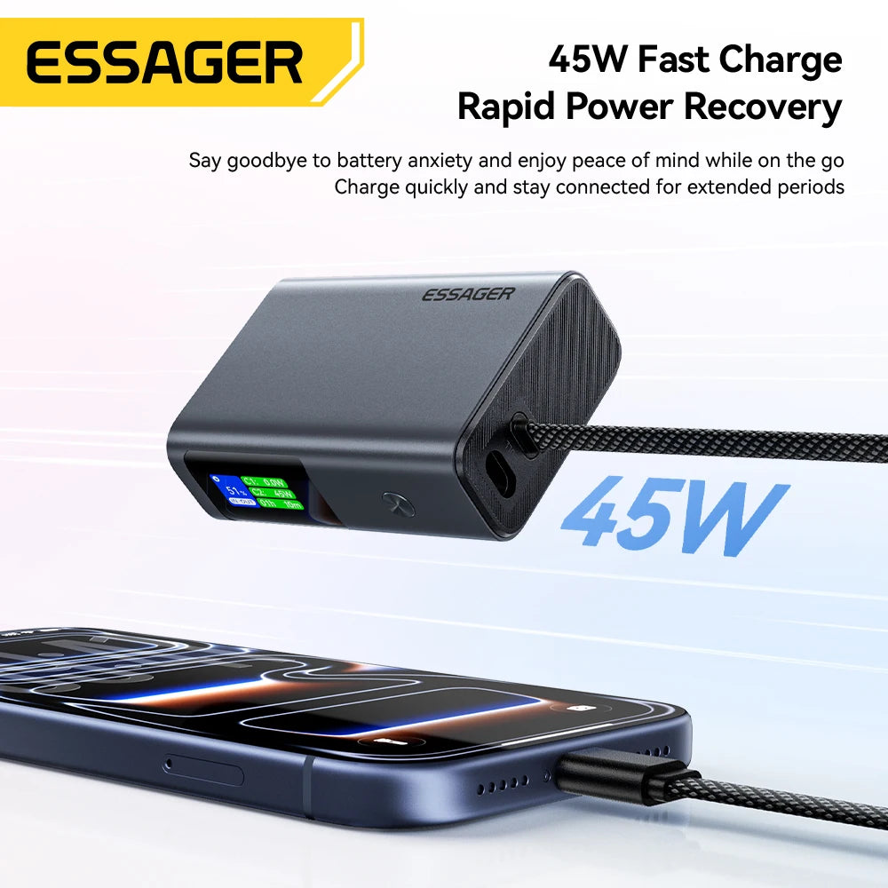 ESSAGER 45W Power Bank 10000mAh with Built-in USB-C Cable