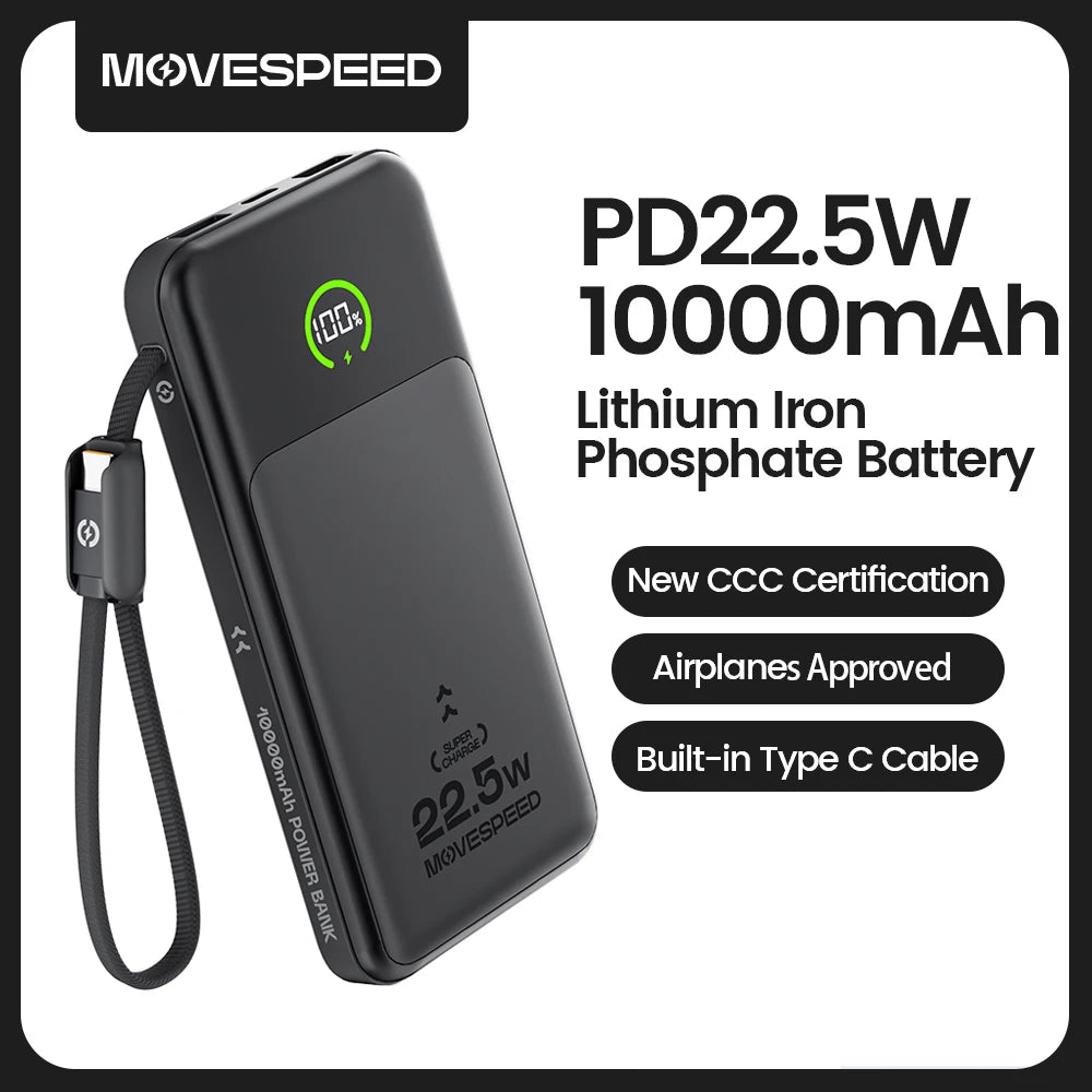MOVESPEED P19 Power Bank 10000mAh with Built-in USB-C Cable