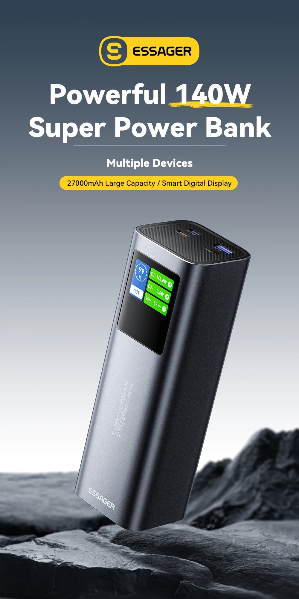 ESSAGER 140W USB-C Power Bank 27000mAh PD3.1 with Digital Display – Super Fast Charging