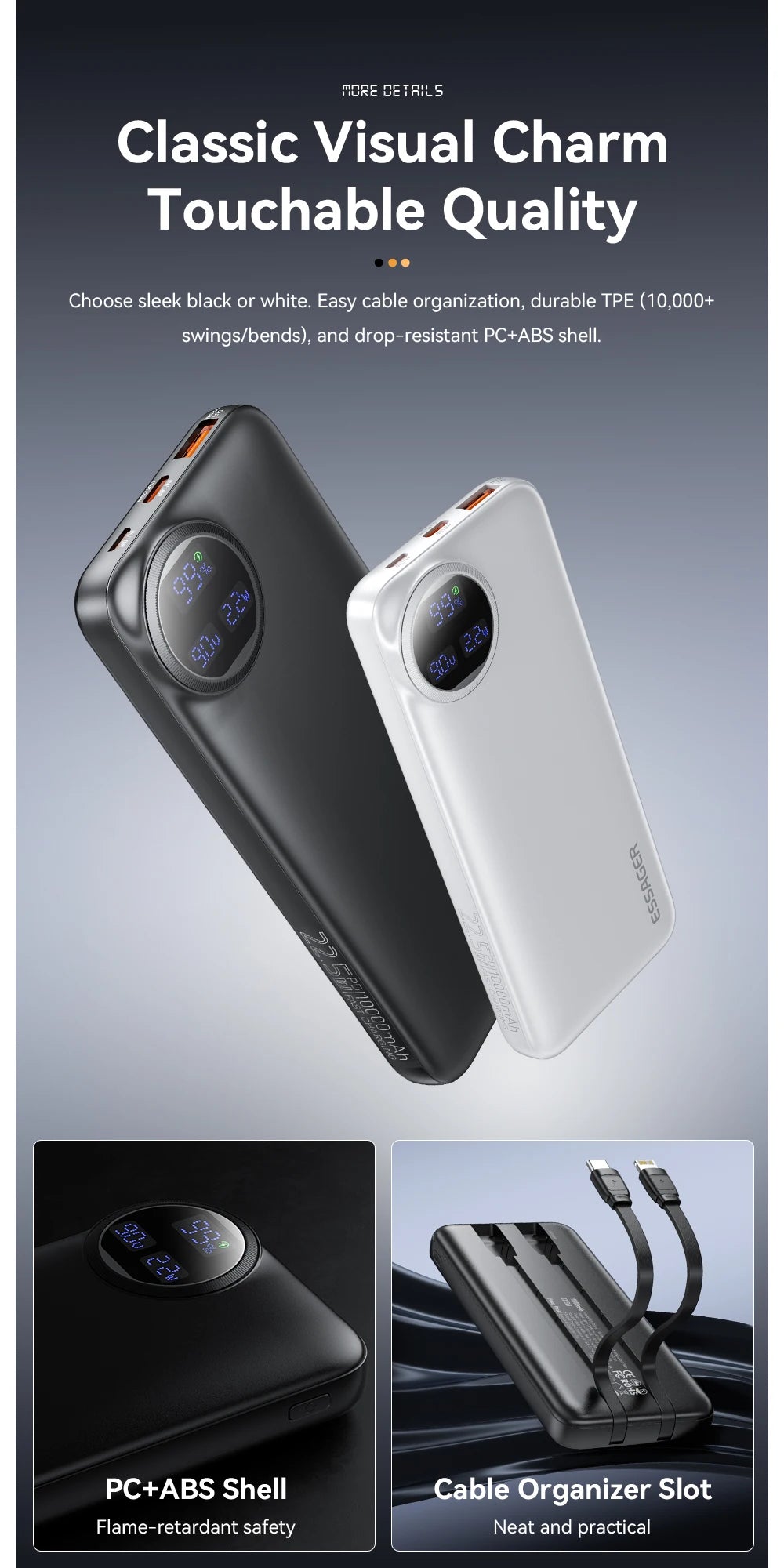 ESSAGER 22.5W Power Bank 20000mAh with Two Built-in Cables