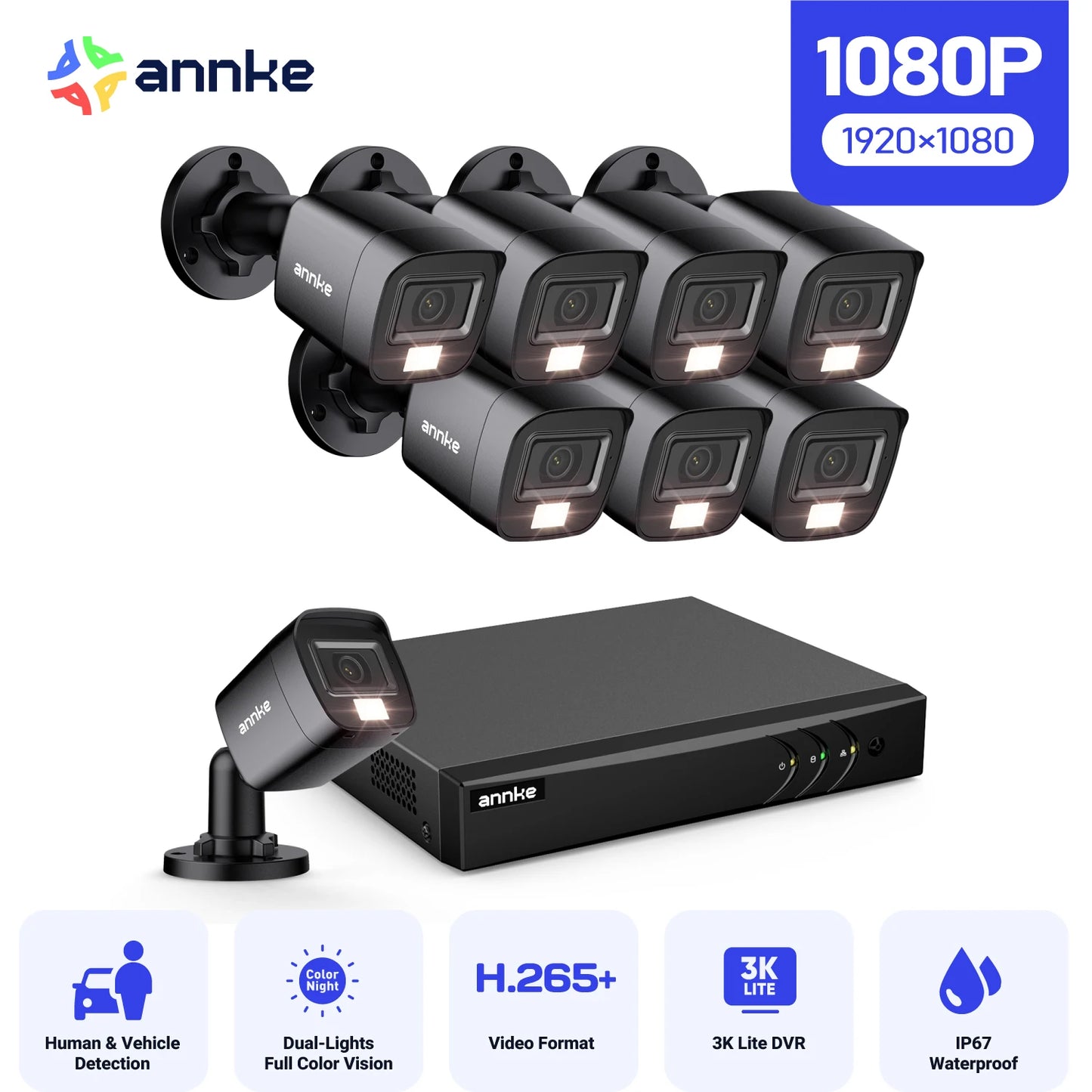 ANNKE 1080P Dual‑Light CCTV System | 8CH DVR, Human & Vehicle Detection, IP67 Outdoor Cameras
