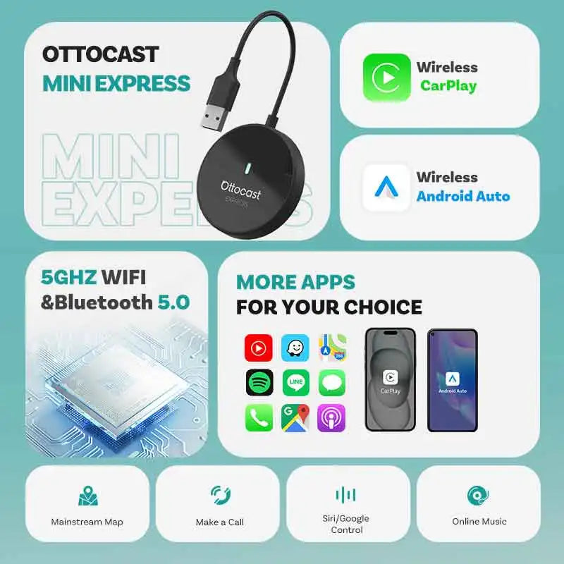 OTTOCAST Express 2‑in‑1 Wireless CarPlay & Android Auto Adapter