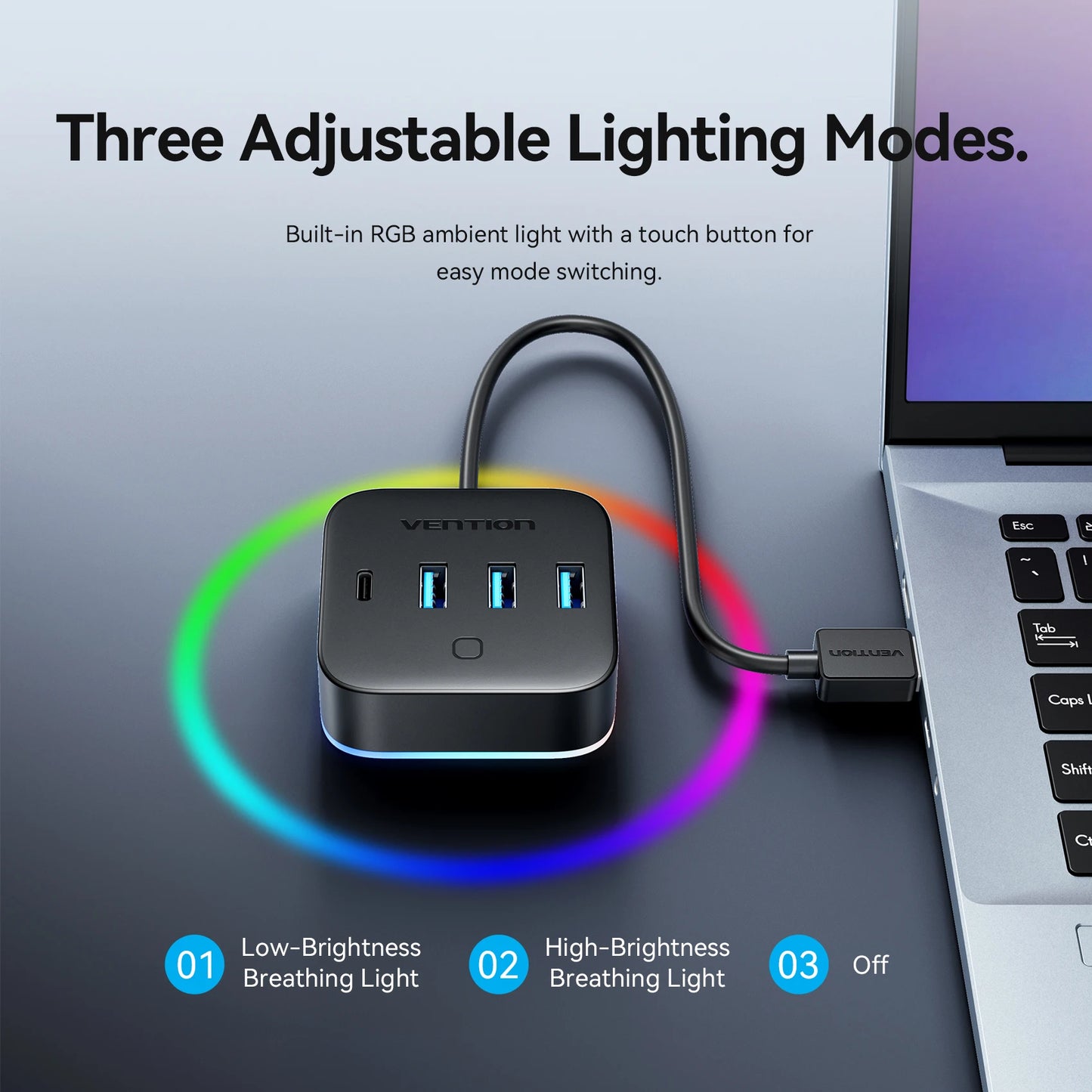 Vention USB 3.0 / USB‑C 3.2 Gen1 RGB Hub | 4‑Port 5Gbps Desktop Splitter for PC & Laptop