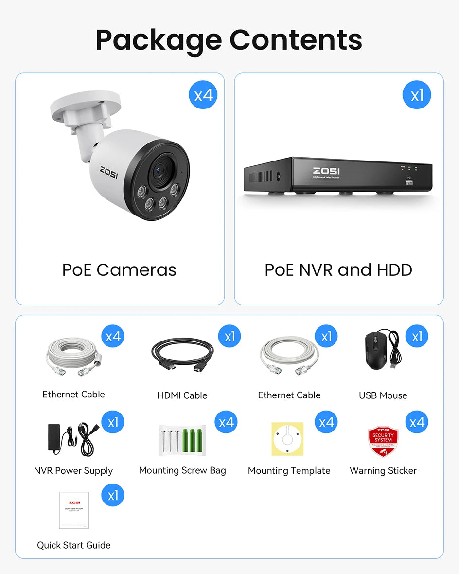 ZOSI 4K PoE NVR Security Camera System 8MP Weatherproof Wired PoE Cameras H.265+ 4K/8MP 8CH CCTV NVR for Home 24/7 Surveillance