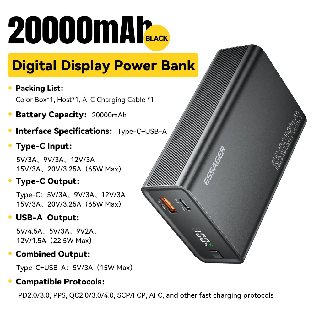 ESSAGER 20000mAh Power Bank 65W PD for iPhone 17 MacBook