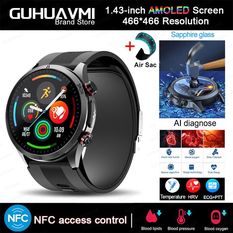 2026 New NFC Precision Blood Pressure Measurement Health Smart Watch Air Pump Airbag Men Women Blood Fat Uric Acid Smartwatches - Limetastore
