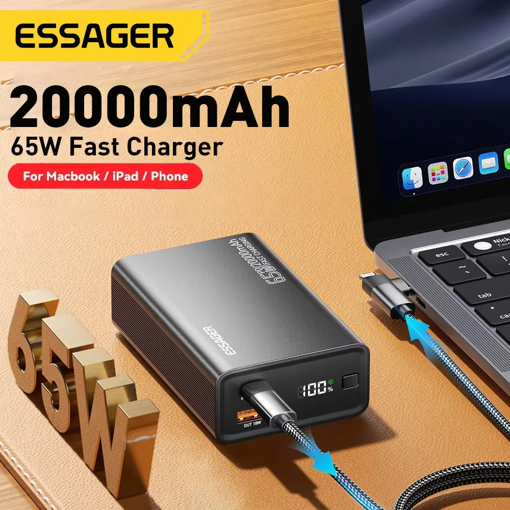 ESSAGER 20000mAh Power Bank 65W PD Fast Charging Portable