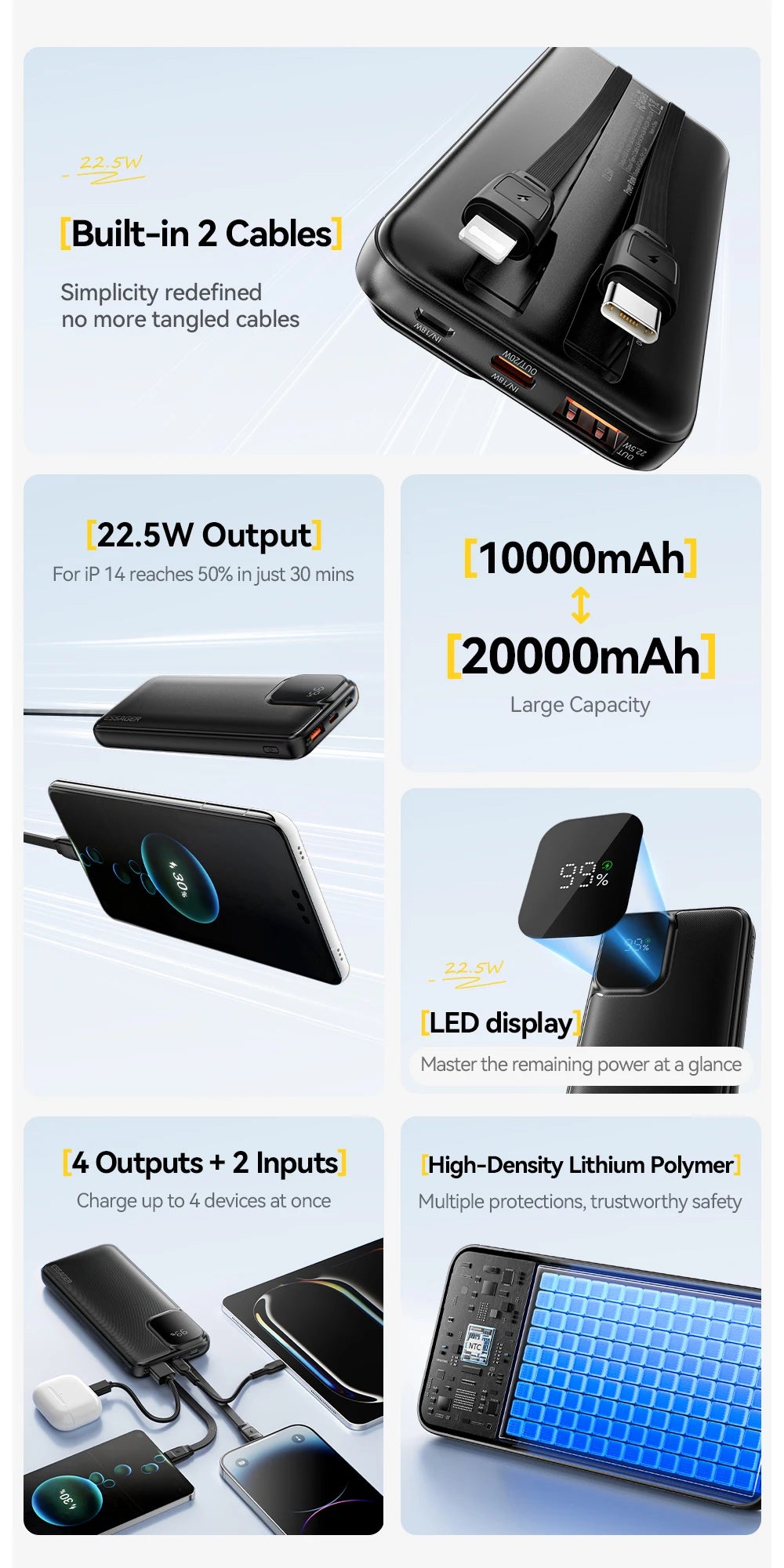 ESSAGER 20000mAh Power Bank with Two Built-in Cables 22.5W PD