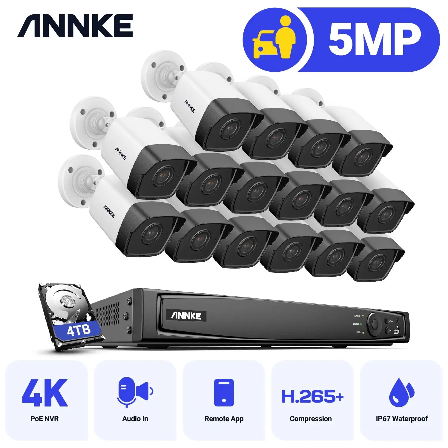 ANNKE H500 5MP PoE CCTV sistem | 16-kanalni H.265+ NVR, 16× IP67 kamere, avdio vhod