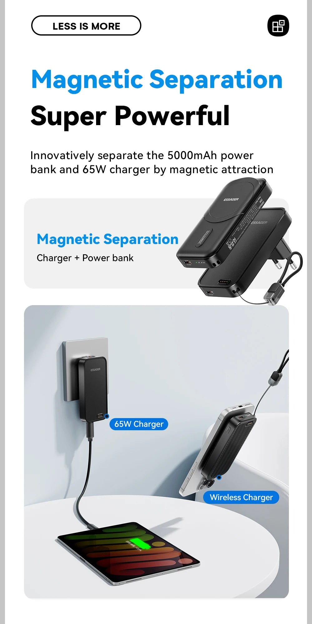 ESSAGER 3-in-1 Magnetic 65W GaN Charger Power Bank 5000mAh