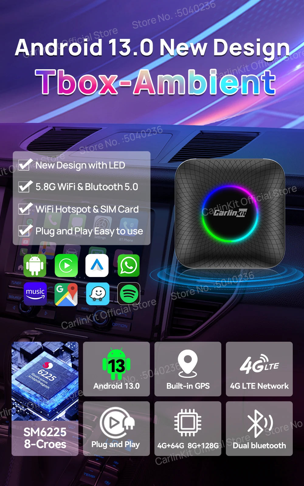 CarlinKit Android 13 SM6225 8‑Core Wireless CarPlay AI Box